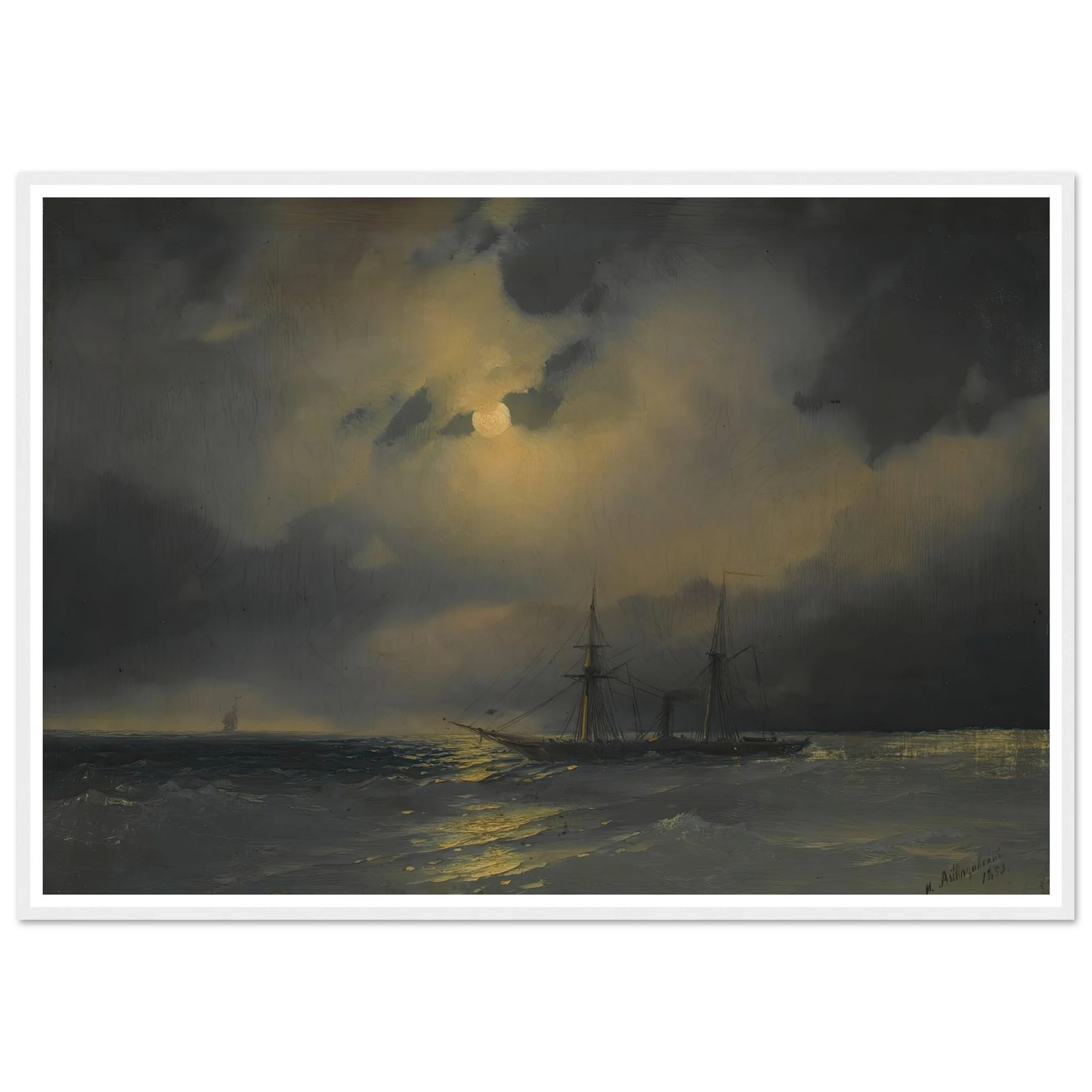 Shipping In Moonlight (1853) Art Print | Ivan Konstantinovich Aivazovsky - Framed Poster - 30x40 cm / 12x16″ - Black frame