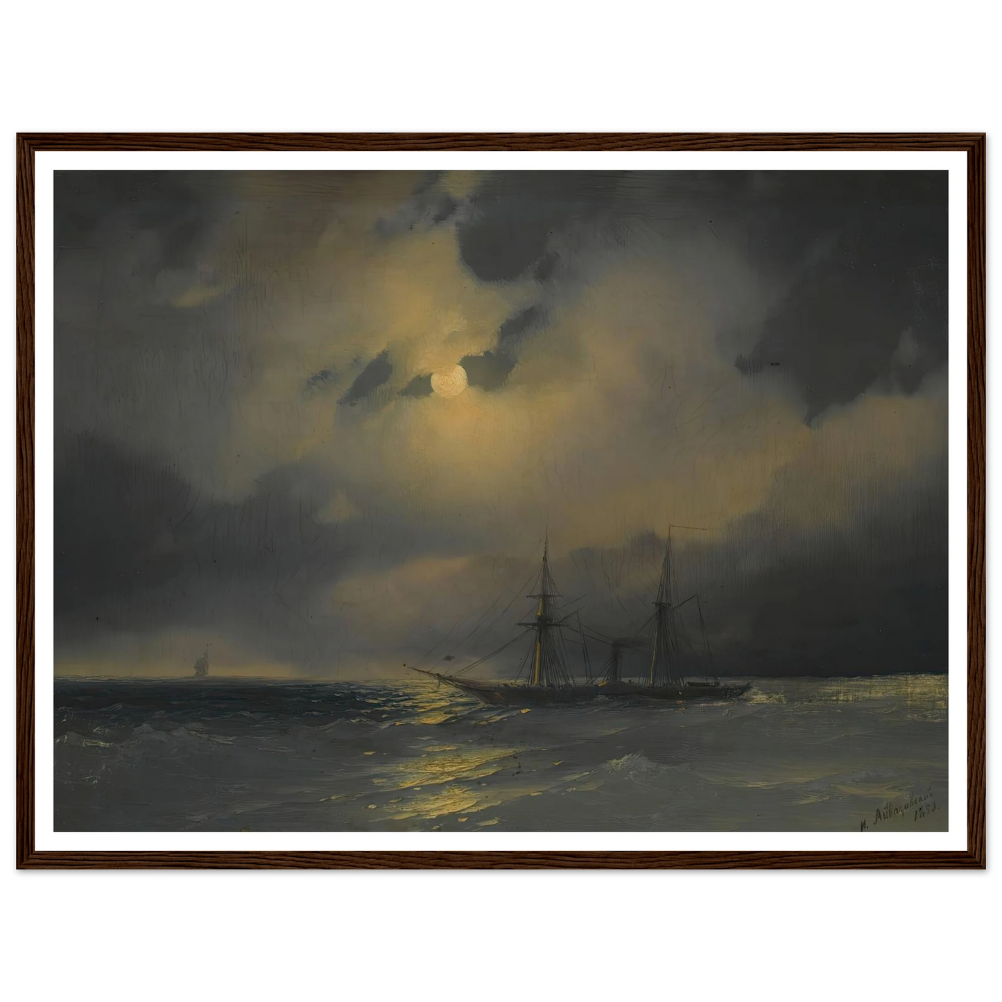 Shipping In Moonlight (1853) Art Print | Ivan Konstantinovich Aivazovsky - Framed Poster - 30x40 cm / 12x16″ - Black frame