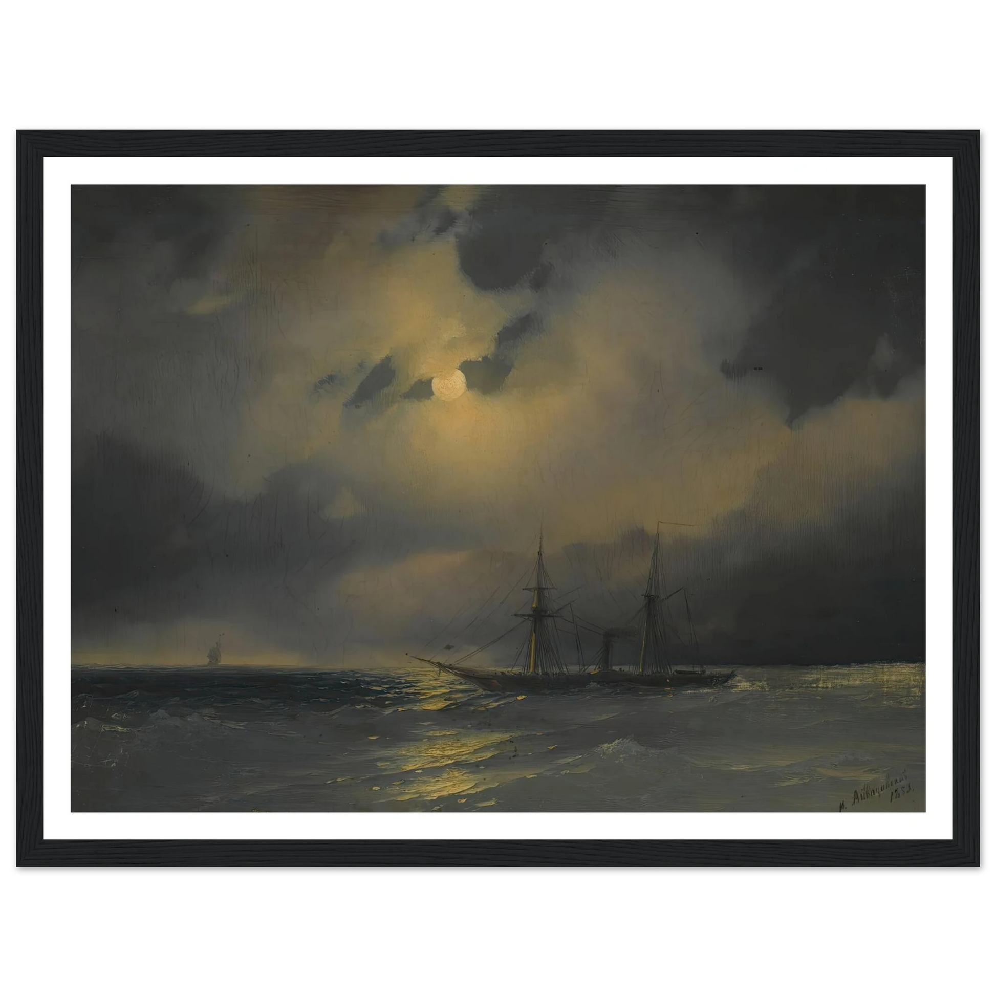 Shipping In Moonlight (1853) Art Print | Ivan Konstantinovich Aivazovsky - Framed Poster - 30x40 cm / 12x16″ - Black frame