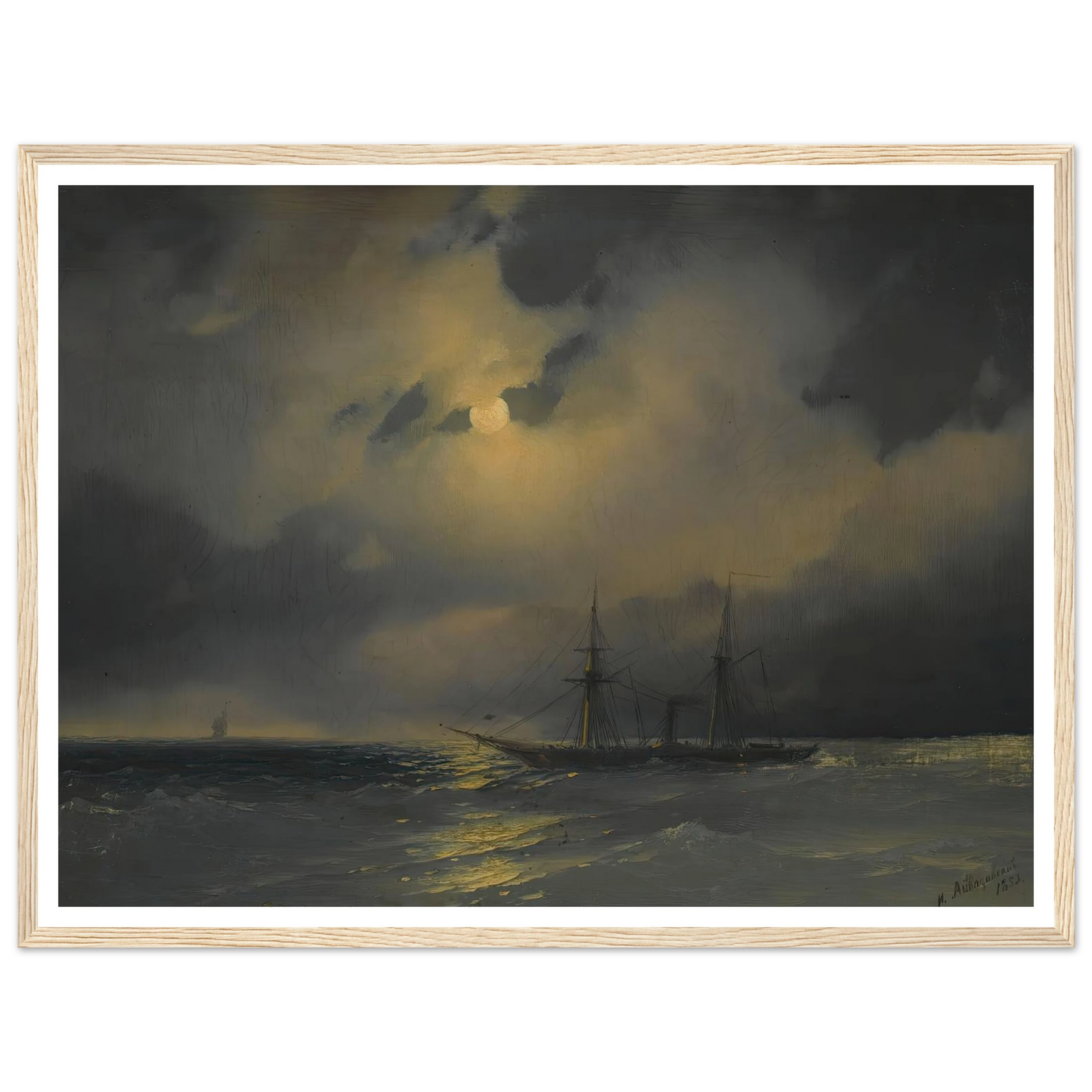 Shipping In Moonlight (1853) Art Print | Ivan Konstantinovich Aivazovsky - Framed Poster - 30x40 cm / 12x16″ - Black frame
