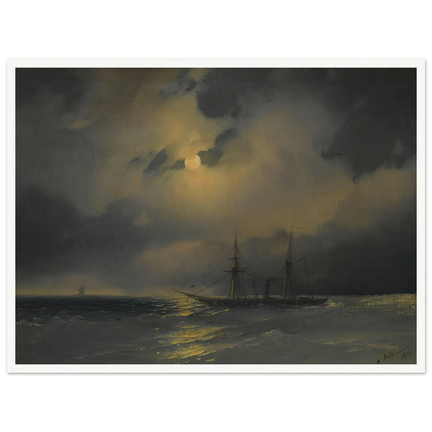 Shipping In Moonlight (1853) Art Print | Ivan Konstantinovich Aivazovsky - Framed Poster - 30x40 cm / 12x16″ - Black frame