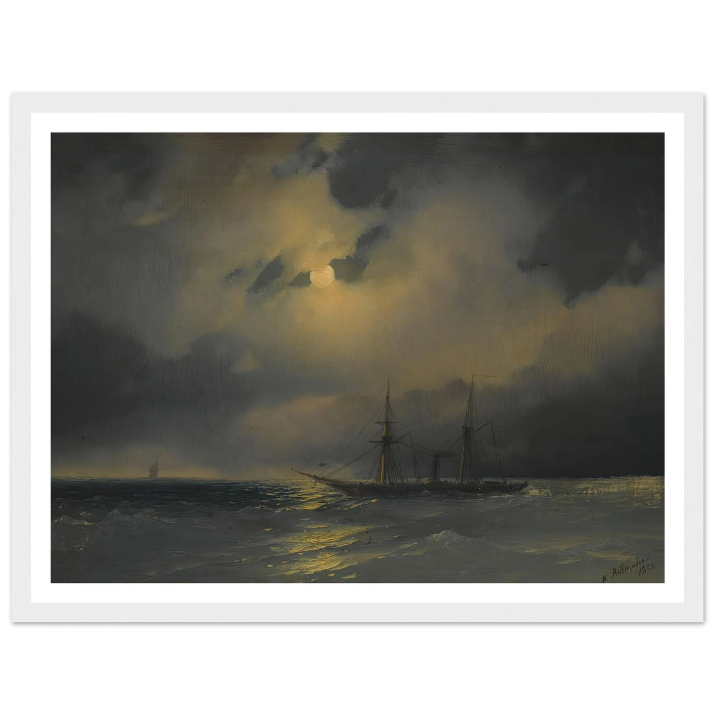 Shipping In Moonlight (1853) Art Print | Ivan Konstantinovich Aivazovsky - Framed Poster - 30x40 cm / 12x16″ - Black frame