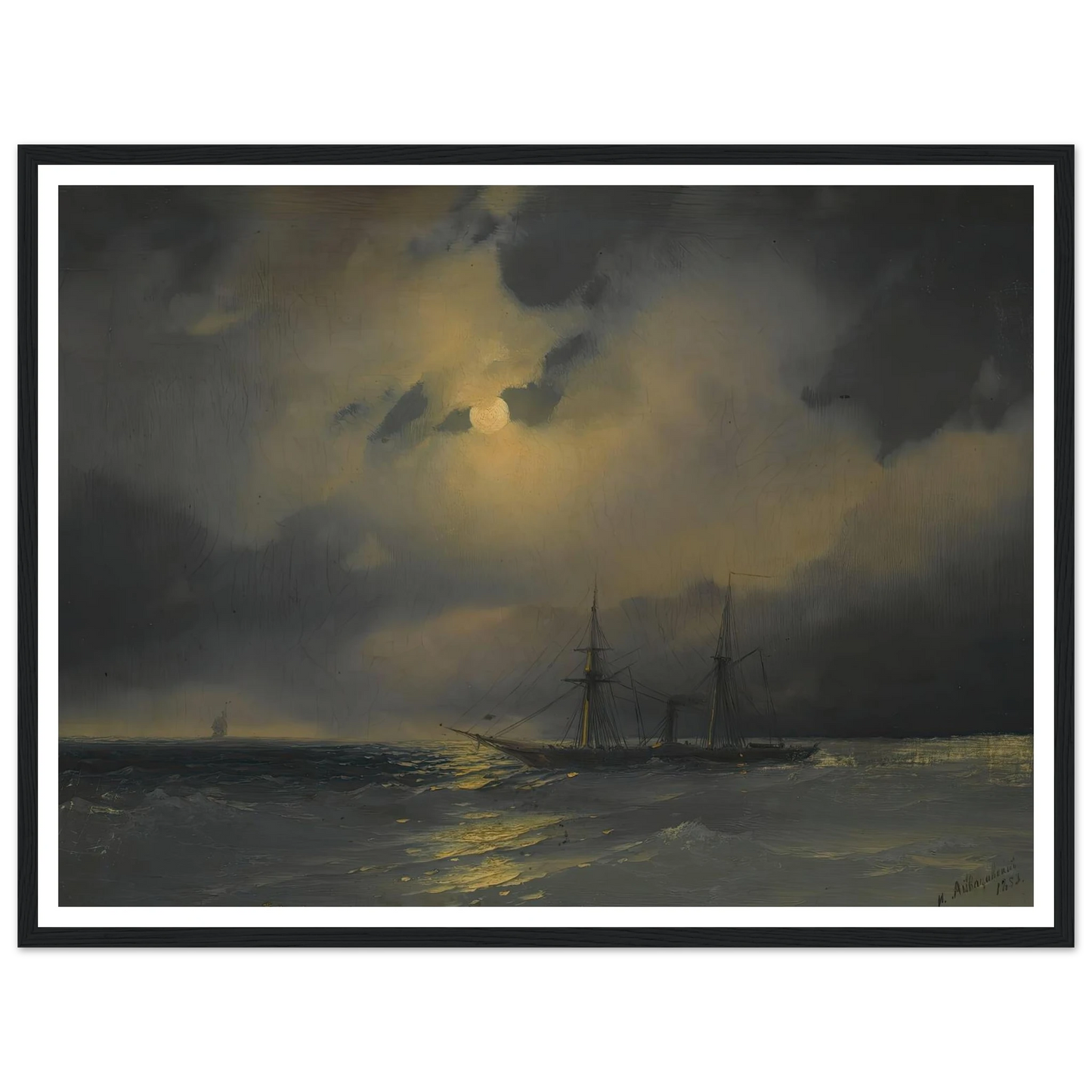 Shipping In Moonlight (1853) Art Print | Ivan Konstantinovich Aivazovsky - Framed Poster - 30x40 cm / 12x16″ - Black frame