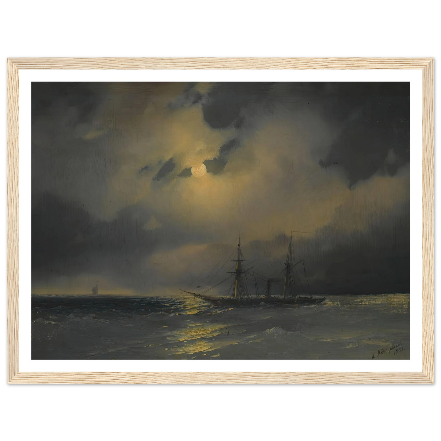 Shipping In Moonlight (1853) Art Print | Ivan Konstantinovich Aivazovsky - Framed Poster - 30x40 cm / 12x16″ - Black frame