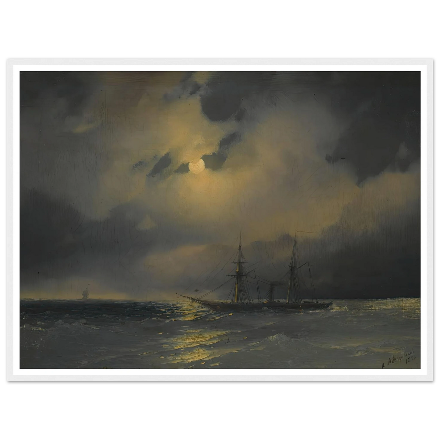 Shipping In Moonlight (1853) Art Print | Ivan Konstantinovich Aivazovsky - Framed Poster - 30x40 cm / 12x16″ - Black frame
