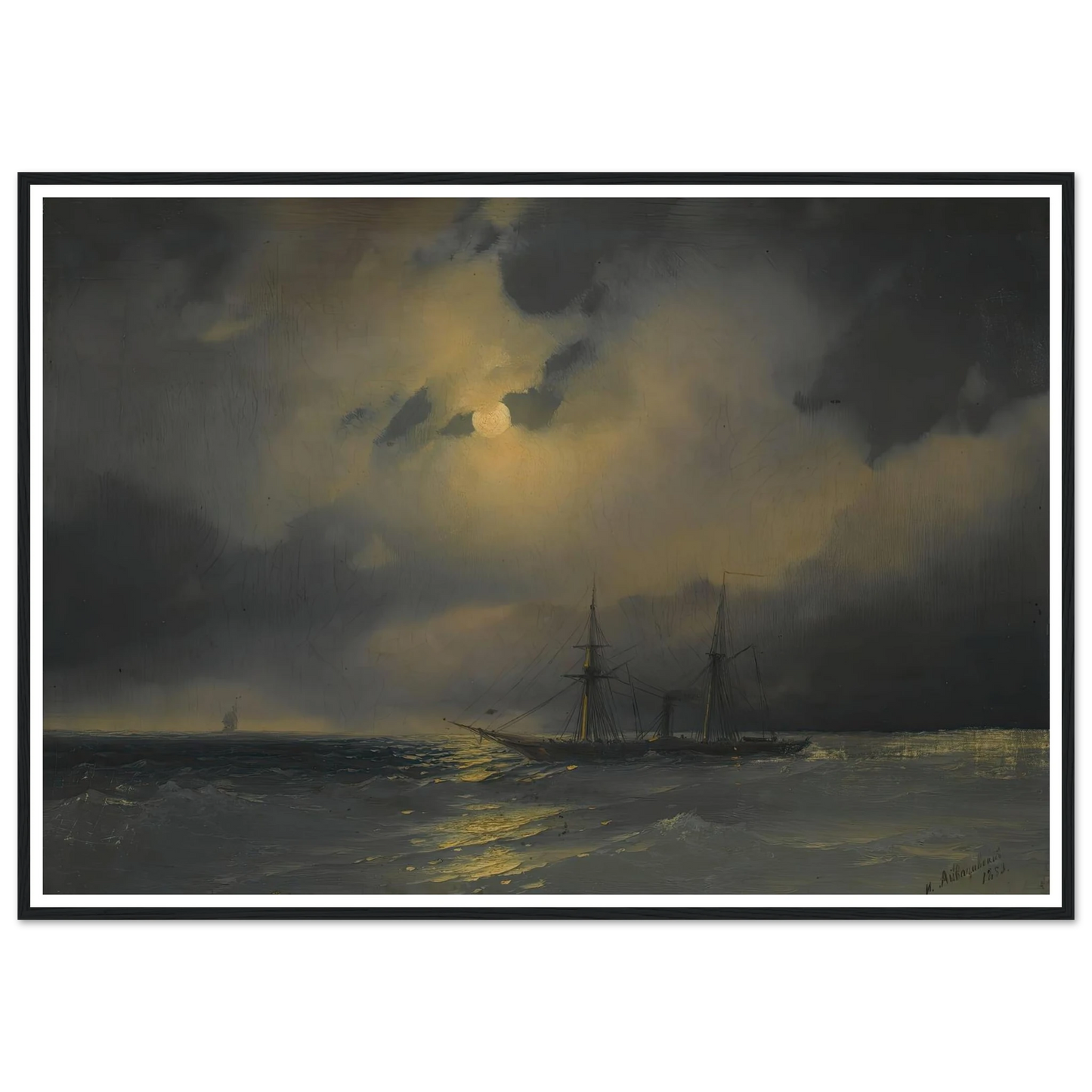 Shipping In Moonlight (1853) Art Print | Ivan Konstantinovich Aivazovsky - Framed Poster - 30x40 cm / 12x16″ - Black frame