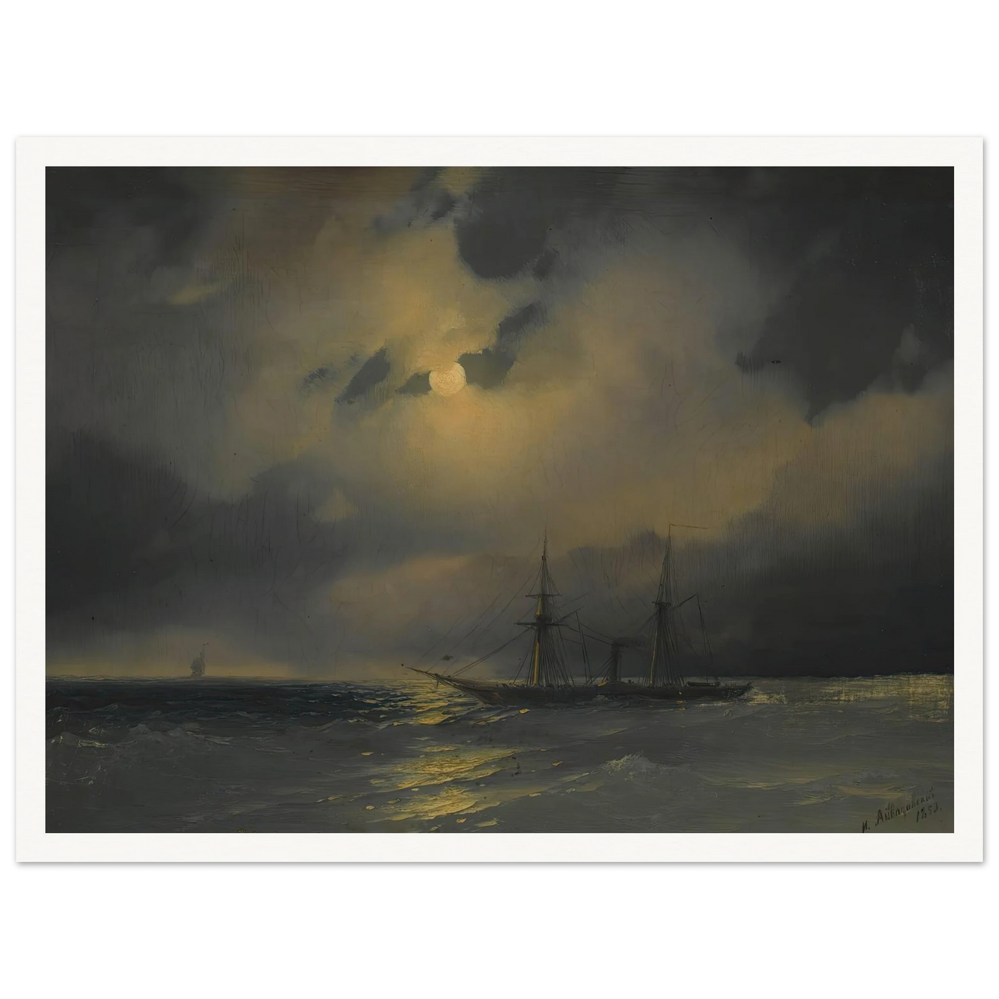 Shipping In Moonlight (1853) Art Print | Ivan Konstantinovich Aivazovsky - Framed Poster - 30x40 cm / 12x16″ - Black frame
