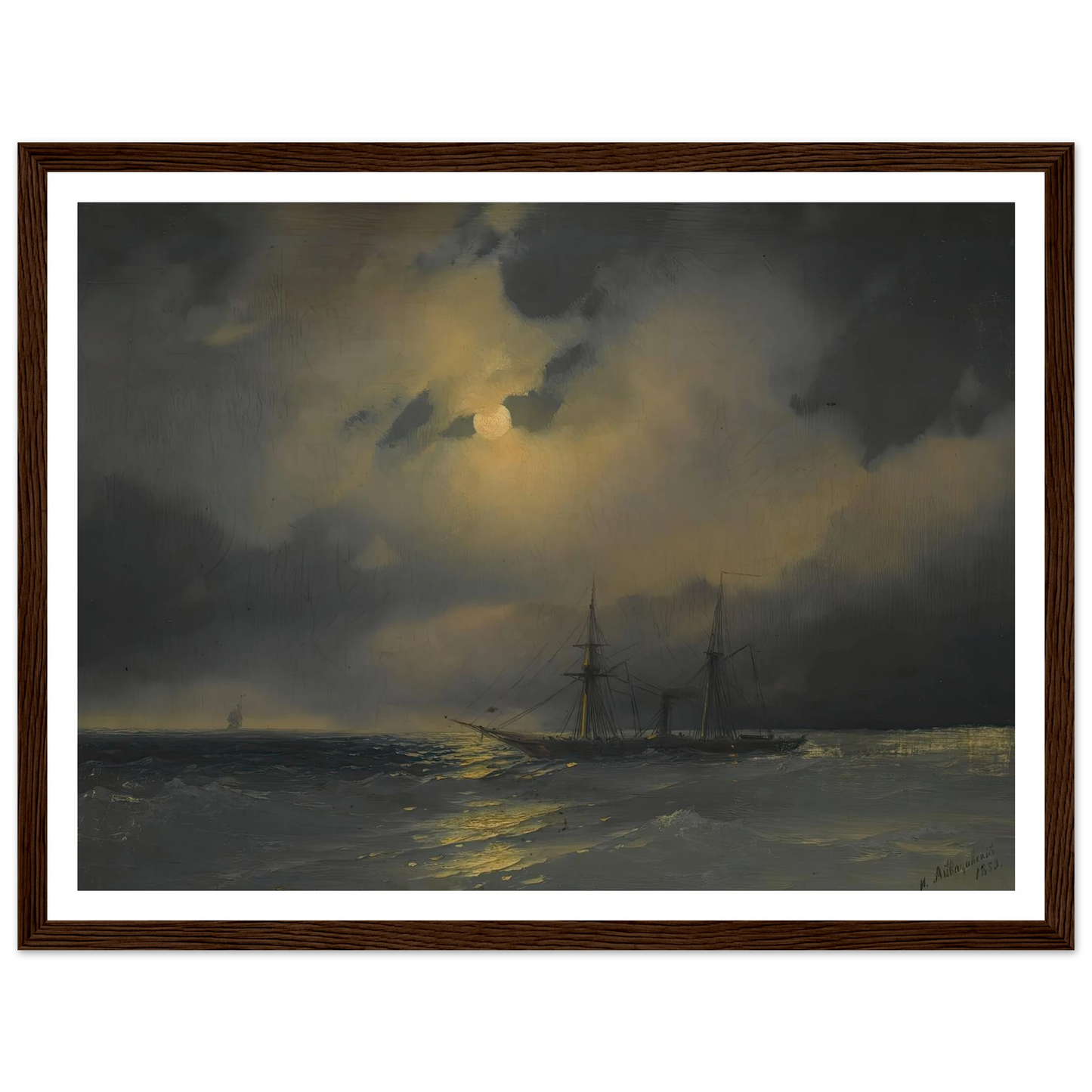 Shipping In Moonlight (1853) Art Print | Ivan Konstantinovich Aivazovsky - Framed Poster - 30x40 cm / 12x16″ - Black frame