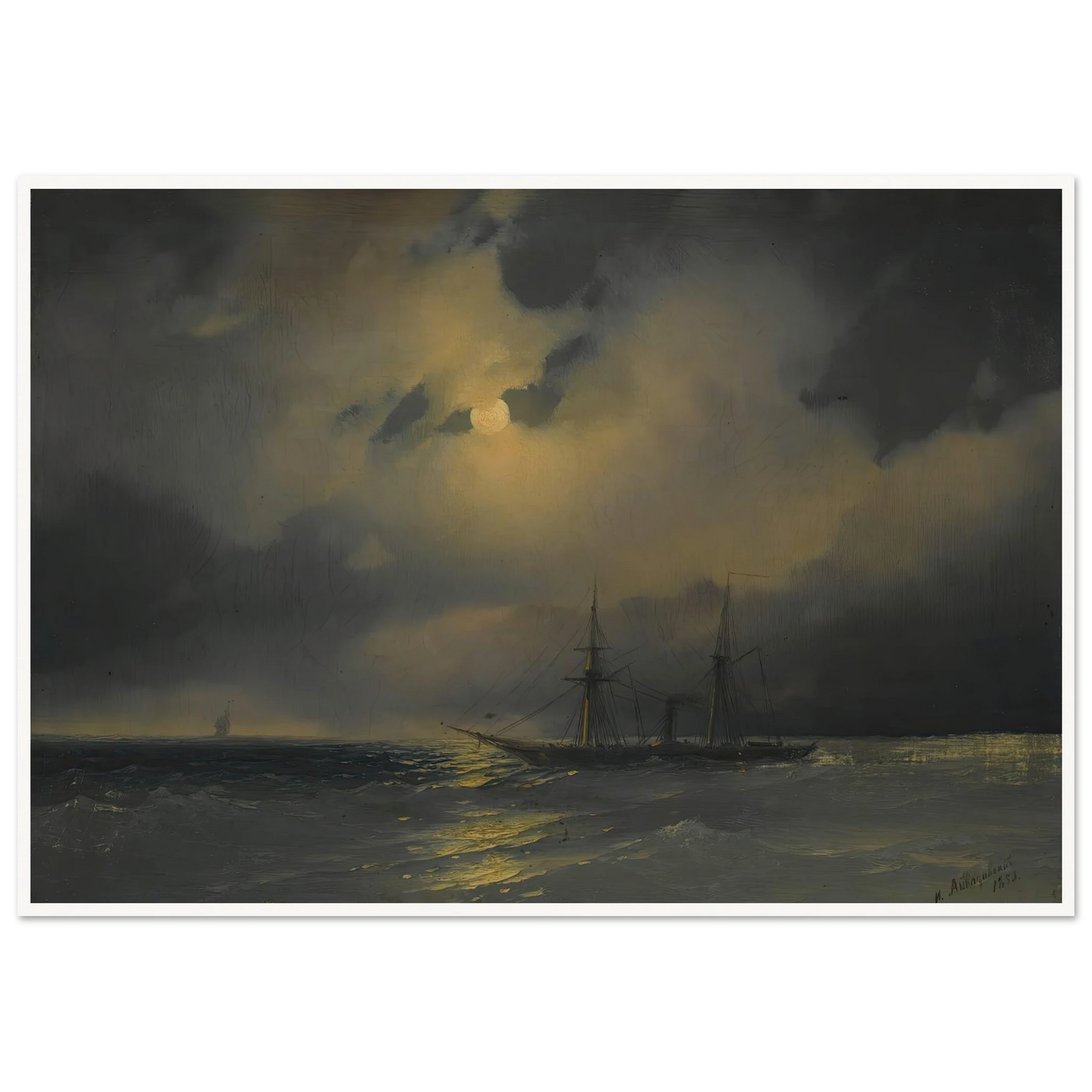 Shipping In Moonlight (1853) Art Print | Ivan Konstantinovich Aivazovsky - Framed Poster - 30x40 cm / 12x16″ - Black frame