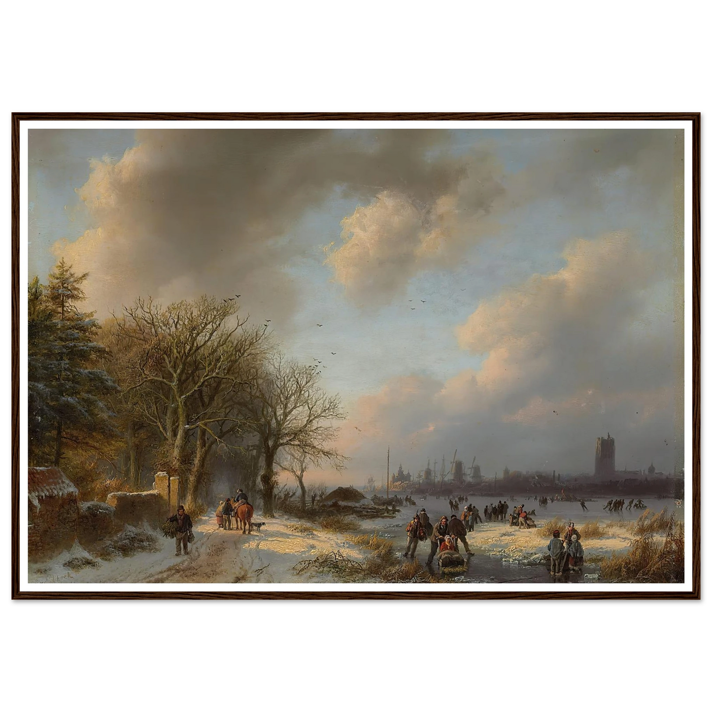 Skaters On A Waterway With A Koek-En-Zopie Beyond (1854) Art Print | Barend Cornelis Koekkoek - Framed Poster - 30x40 cm / 12x16″ - Black frame