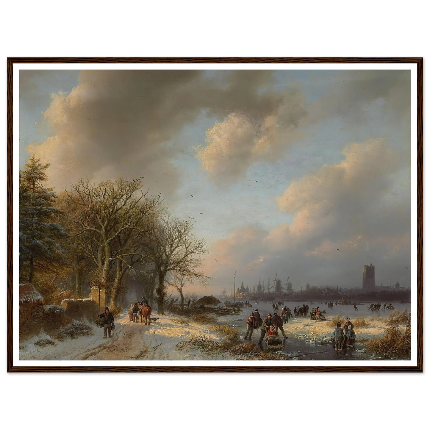 Skaters On A Waterway With A Koek-En-Zopie Beyond (1854) Art Print | Barend Cornelis Koekkoek - Framed Poster - 30x40 cm / 12x16″ - Black frame