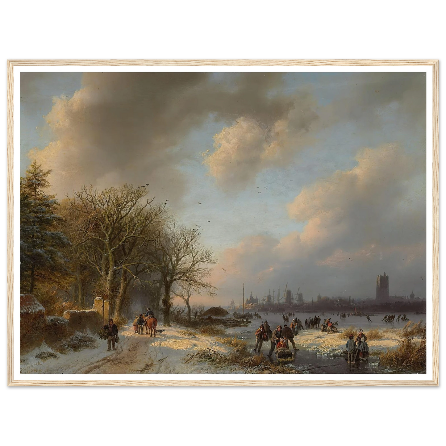 Skaters On A Waterway With A Koek-En-Zopie Beyond (1854) Art Print | Barend Cornelis Koekkoek - Framed Poster - 30x40 cm / 12x16″ - Black frame