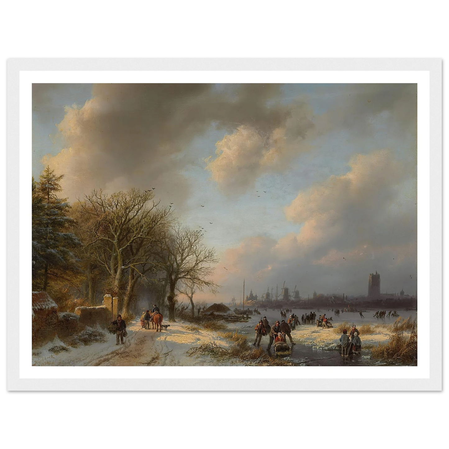Skaters On A Waterway With A Koek-En-Zopie Beyond (1854) Art Print | Barend Cornelis Koekkoek - Framed Poster - 30x40 cm / 12x16″ - Black frame