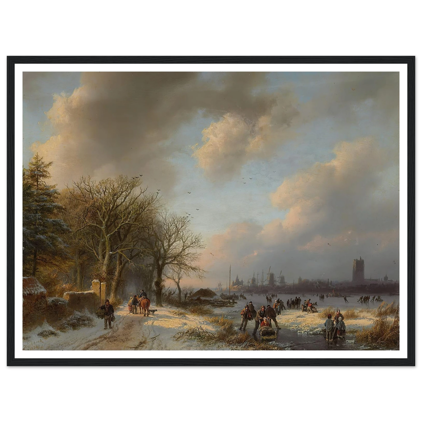 Skaters On A Waterway With A Koek-En-Zopie Beyond (1854) Art Print | Barend Cornelis Koekkoek - Framed Poster - 30x40 cm / 12x16″ - Black frame