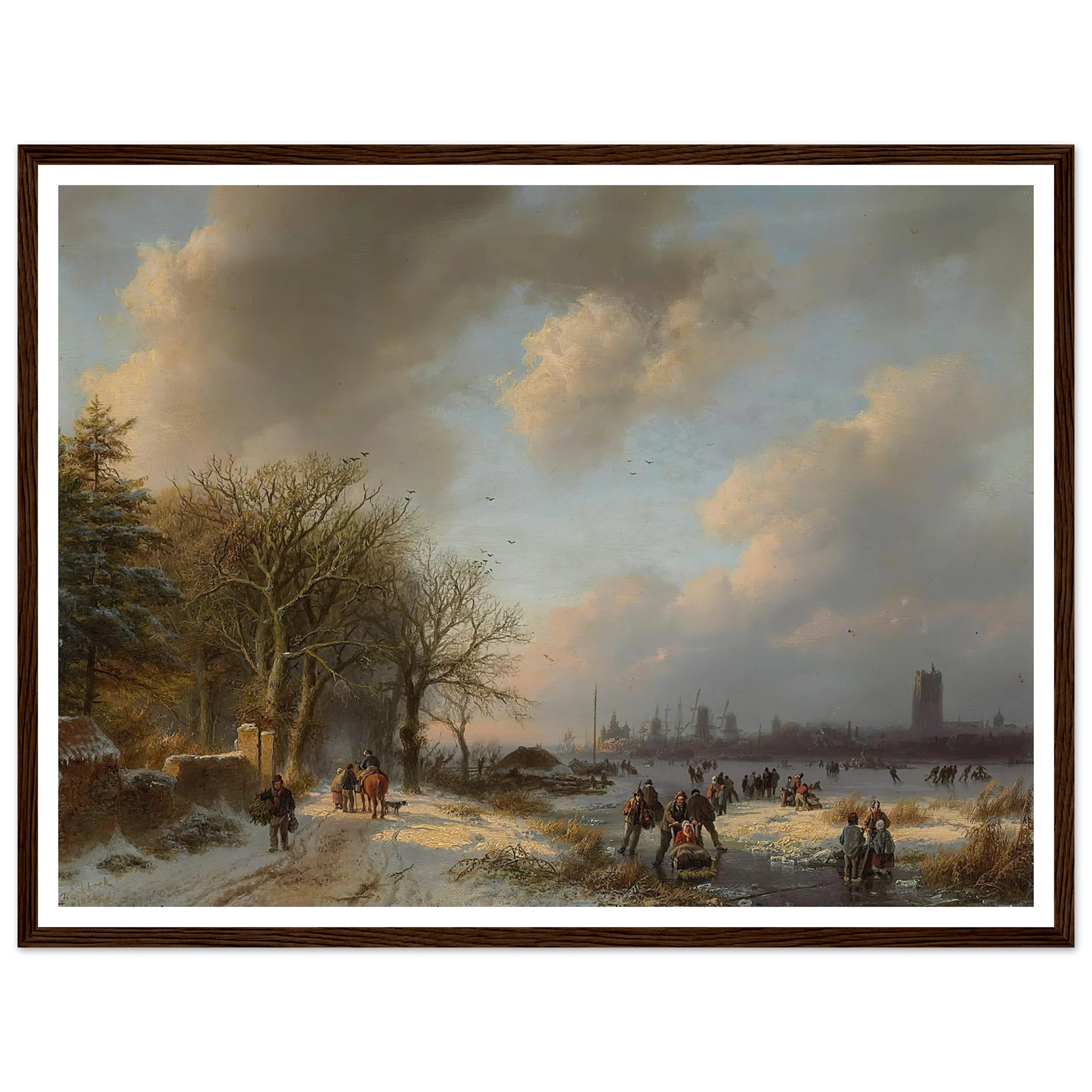 Skaters On A Waterway With A Koek-En-Zopie Beyond (1854) Art Print | Barend Cornelis Koekkoek - Framed Poster - 30x40 cm / 12x16″ - Black frame