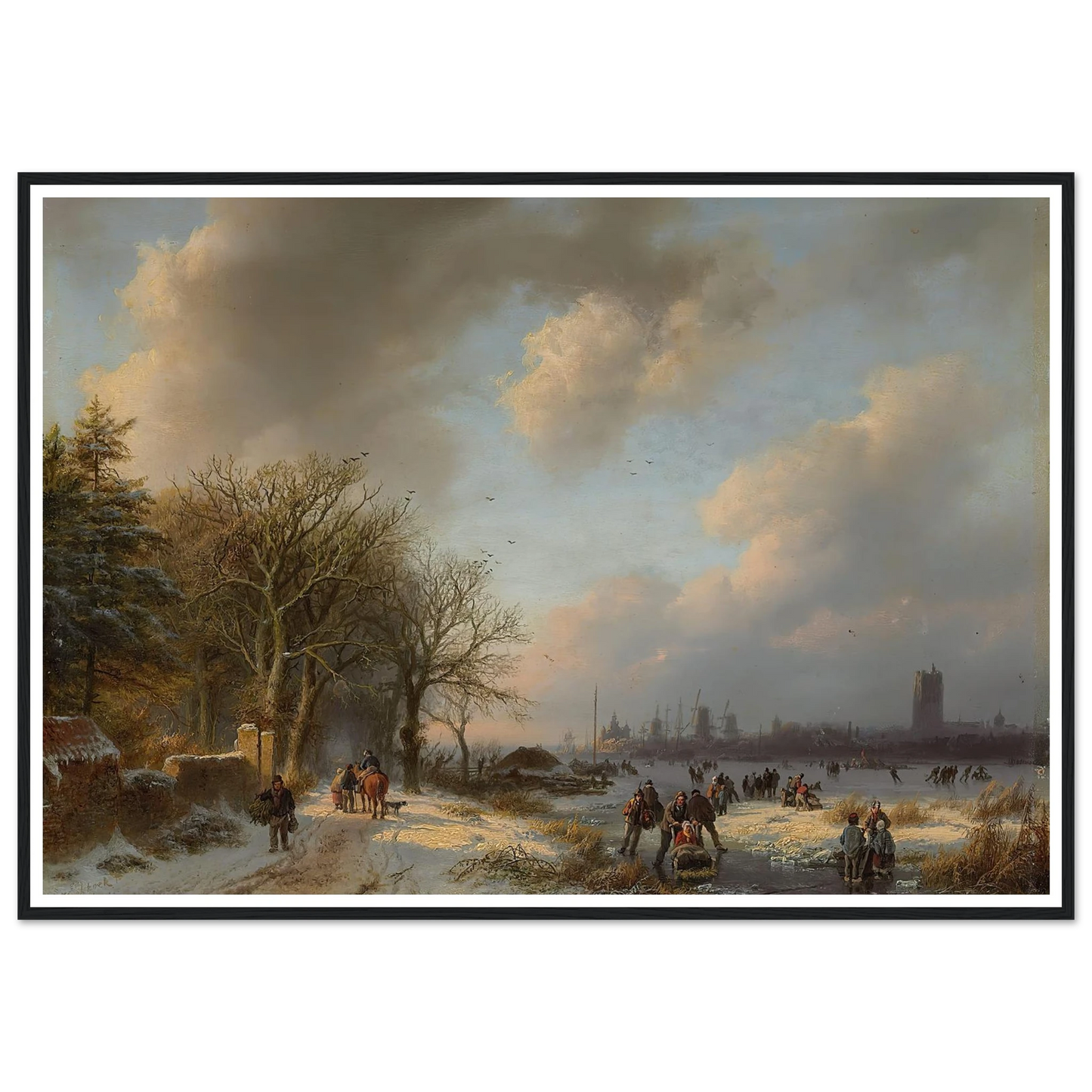 Skaters On A Waterway With A Koek-En-Zopie Beyond (1854) Art Print | Barend Cornelis Koekkoek - Framed Poster - 30x40 cm / 12x16″ - Black frame