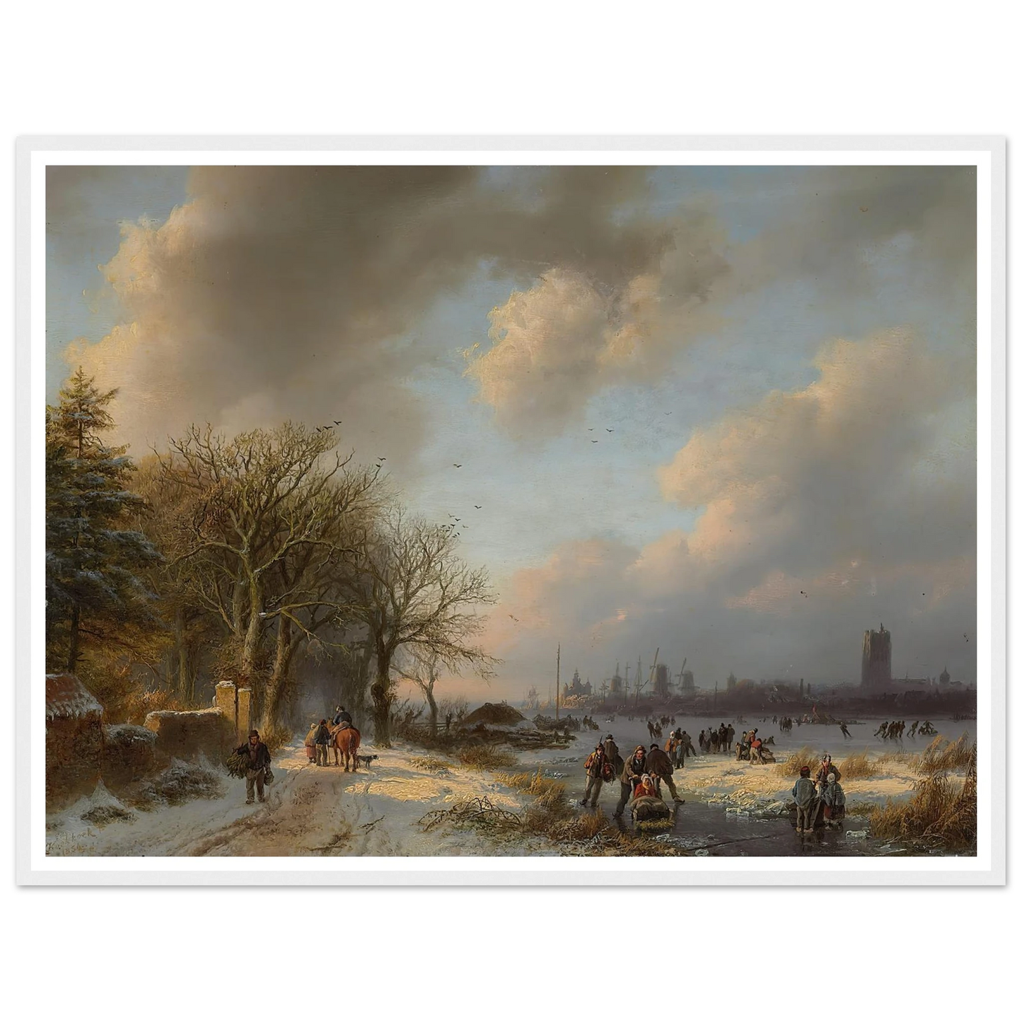 Skaters On A Waterway With A Koek-En-Zopie Beyond (1854) Art Print | Barend Cornelis Koekkoek - Framed Poster - 30x40 cm / 12x16″ - Black frame