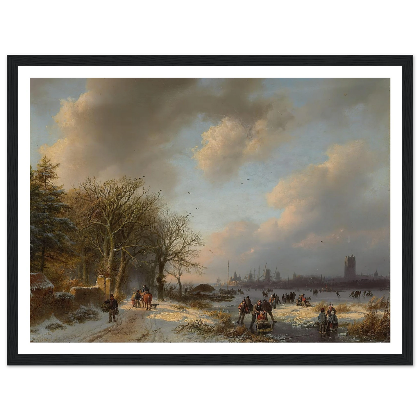 Skaters On A Waterway With A Koek-En-Zopie Beyond (1854) Art Print | Barend Cornelis Koekkoek - Framed Poster - 30x40 cm / 12x16″ - Black frame
