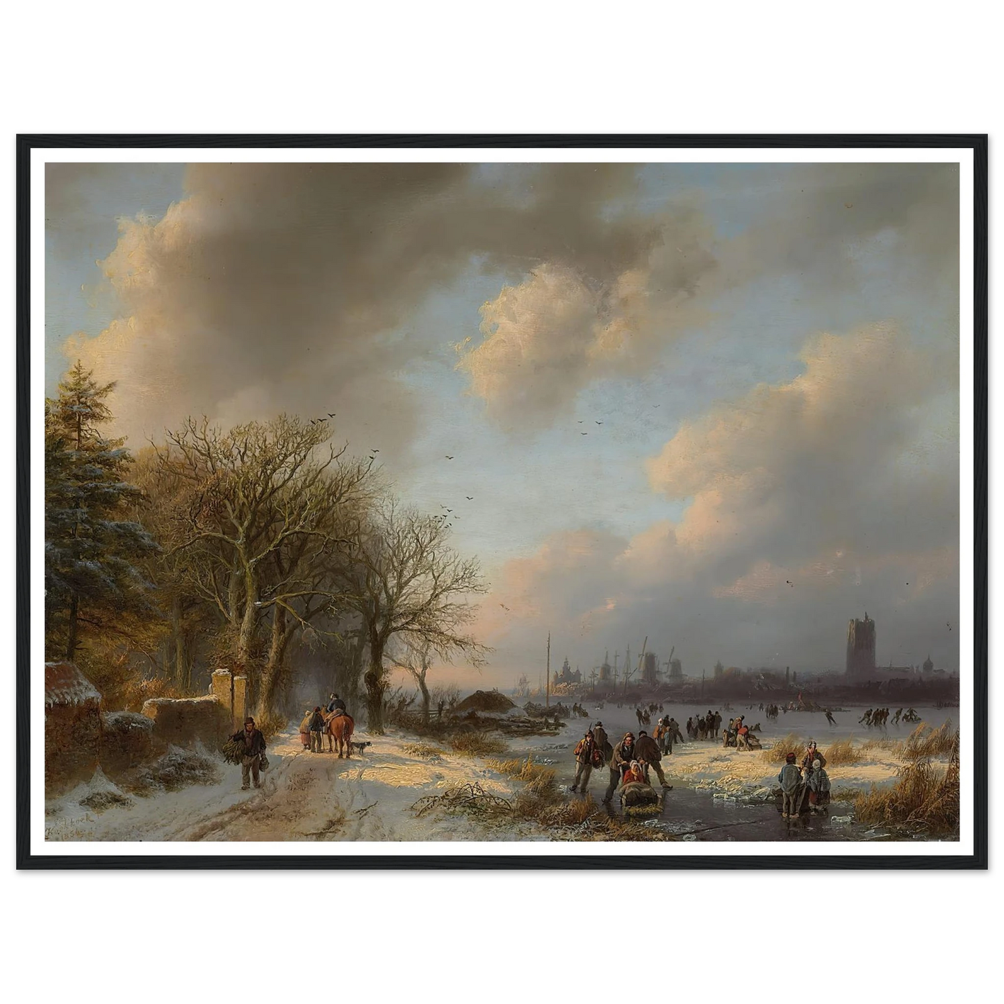 Skaters On A Waterway With A Koek-En-Zopie Beyond (1854) Art Print | Barend Cornelis Koekkoek - Framed Poster - 30x40 cm / 12x16″ - Black frame