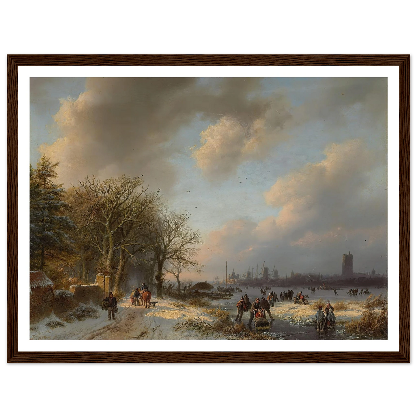 Skaters On A Waterway With A Koek-En-Zopie Beyond (1854) Art Print | Barend Cornelis Koekkoek - Framed Poster - 30x40 cm / 12x16″ - Black frame