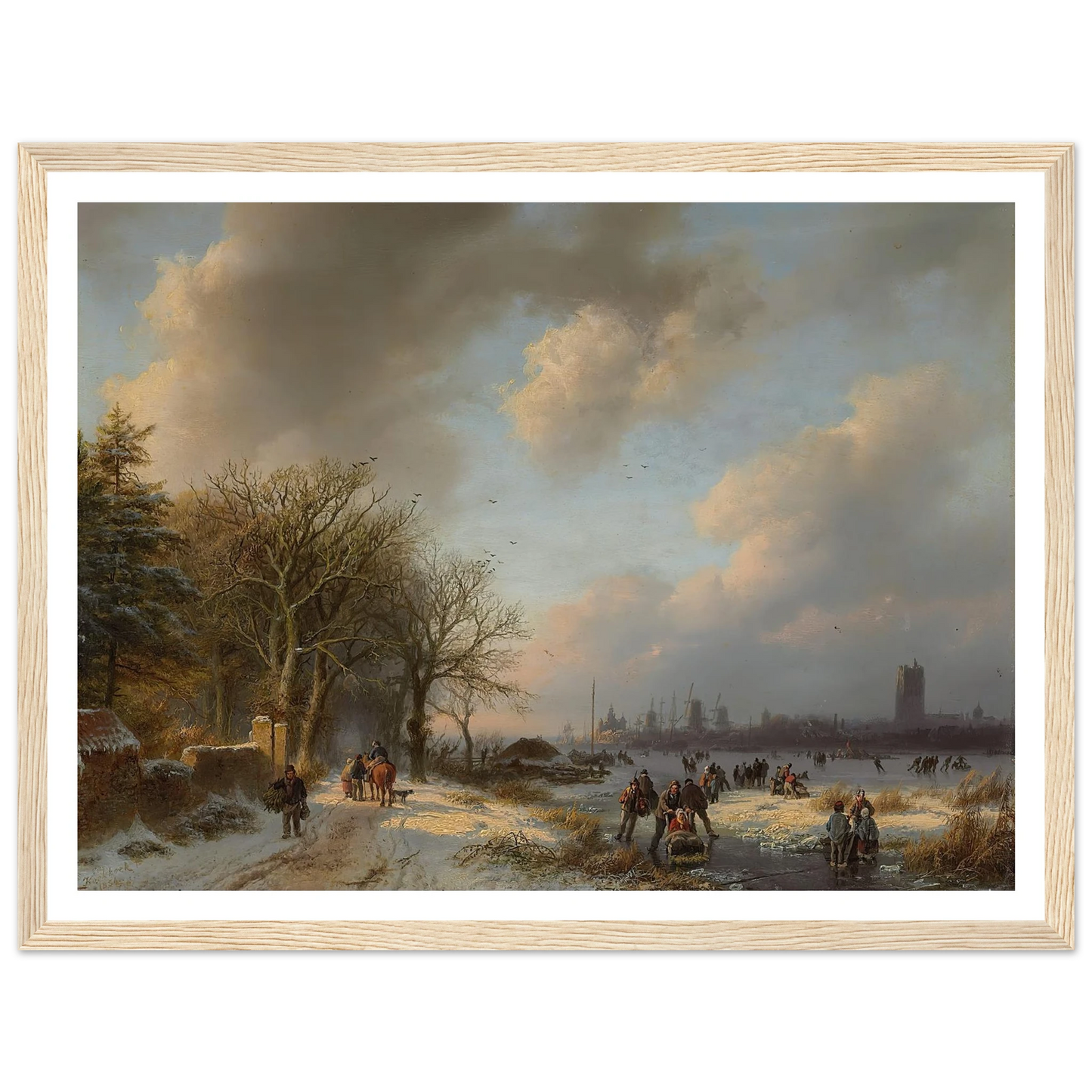 Skaters On A Waterway With A Koek-En-Zopie Beyond (1854) Art Print | Barend Cornelis Koekkoek - Framed Poster - 30x40 cm / 12x16″ - Black frame