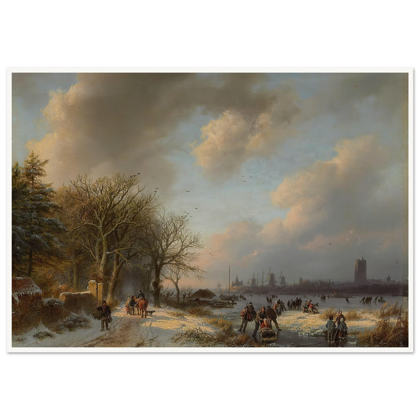 Skaters On A Waterway With A Koek-En-Zopie Beyond (1854) Art Print | Barend Cornelis Koekkoek - Framed Poster - 30x40 cm / 12x16″ - Black frame