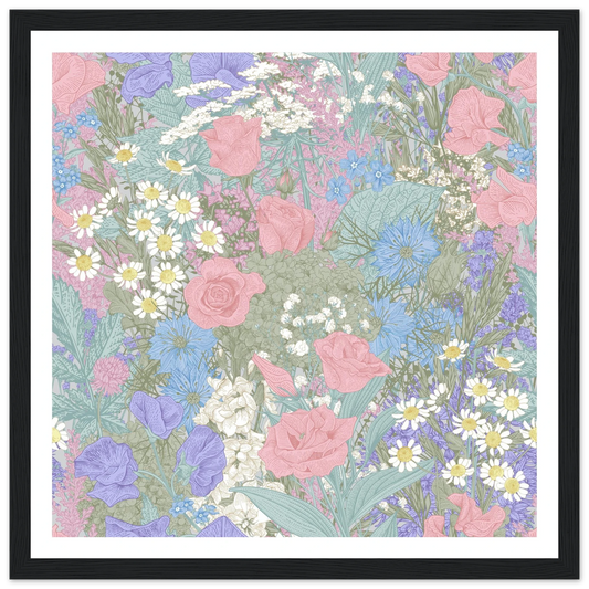 Soft Garden Pixels Art Print | William Morris Inspired - Framed Poster - 30x30 cm / 12x12″ - Black frame
