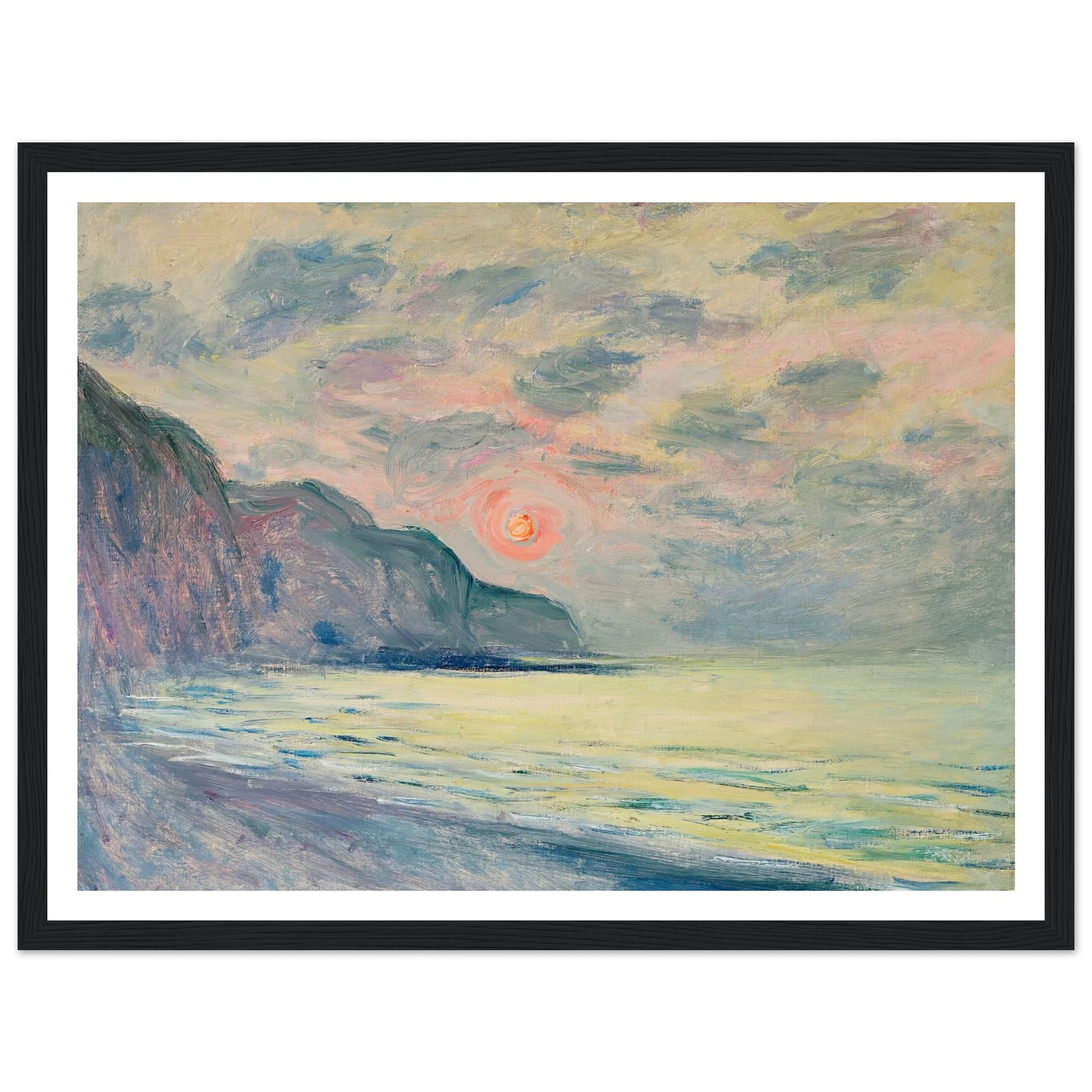Soleil couchant, temps brumeux, Pourville (1882) Art Print | Claude Monet - Framed Poster - 30x40 cm / 12x16″ - Black frame