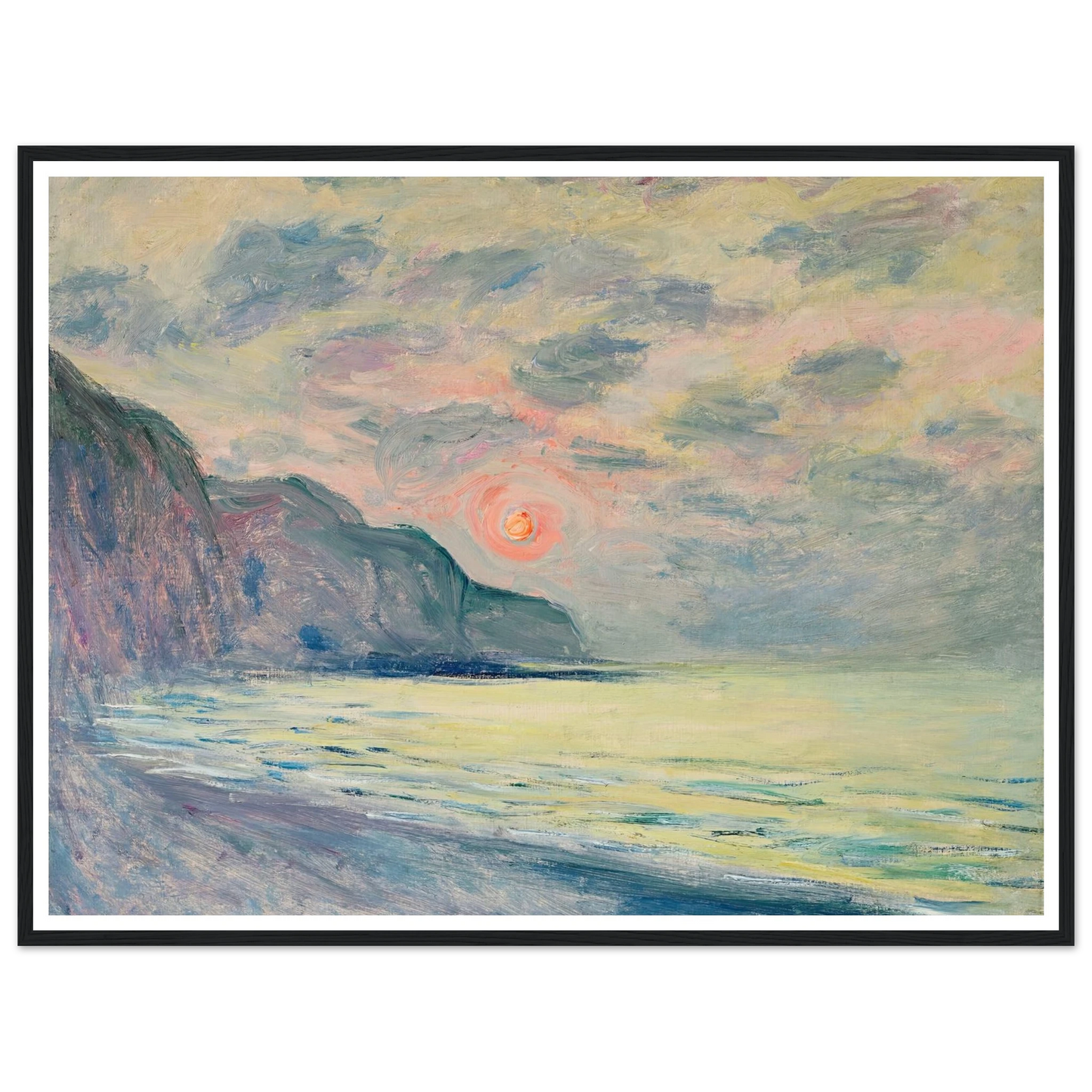 Soleil couchant, temps brumeux, Pourville (1882) Art Print | Claude Monet - Framed Poster - 30x40 cm / 12x16″ - Black frame