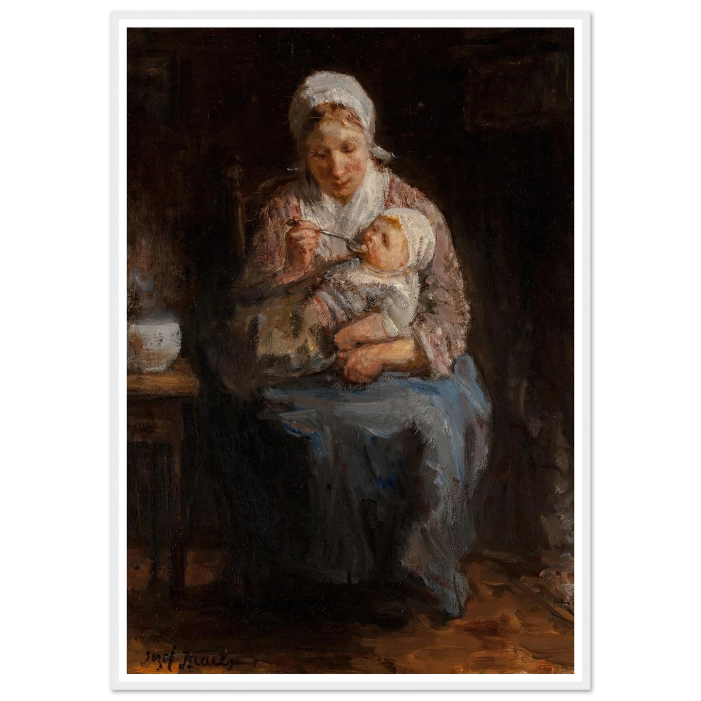 Sollicitude maternelle (Maternal solicitude) Art Print | Jozef Israels - Framed Poster - 30x40 cm / 12x16″ - Black frame