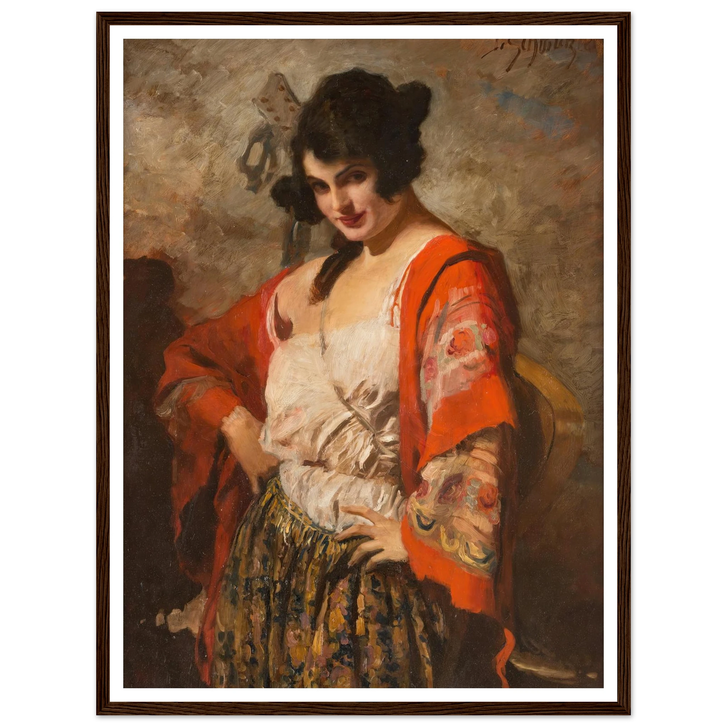 Spanish beauty with guitar Art Print | Leopold Schmutzler - Framed Poster - 30x40 cm / 12x16″ - Black frame