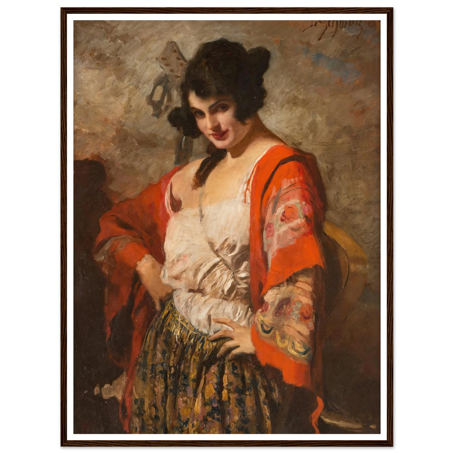 Spanish beauty with guitar Art Print | Leopold Schmutzler - Framed Poster - 30x40 cm / 12x16″ - Black frame