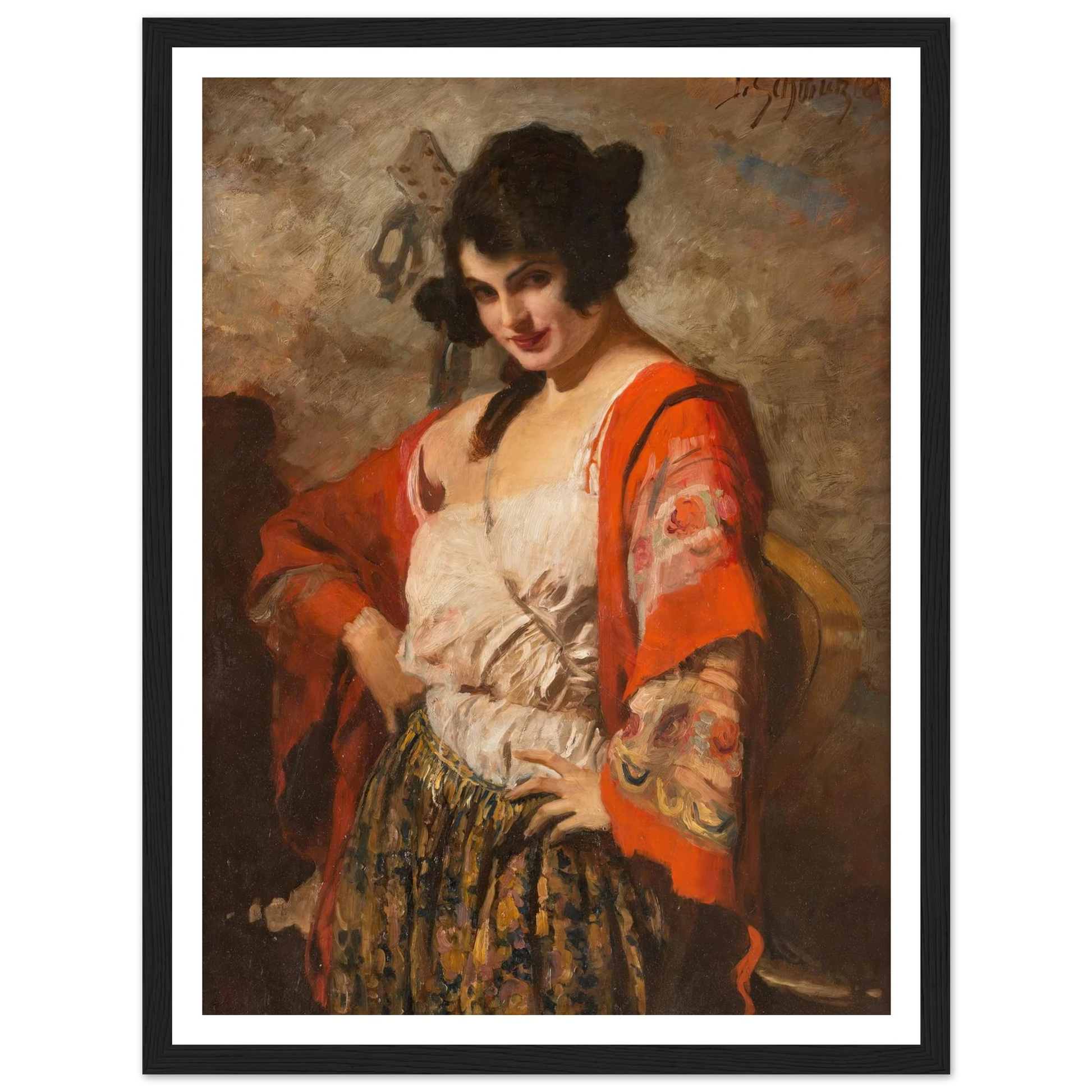 Spanish beauty with guitar Art Print | Leopold Schmutzler - Framed Poster - 30x40 cm / 12x16″ - Black frame