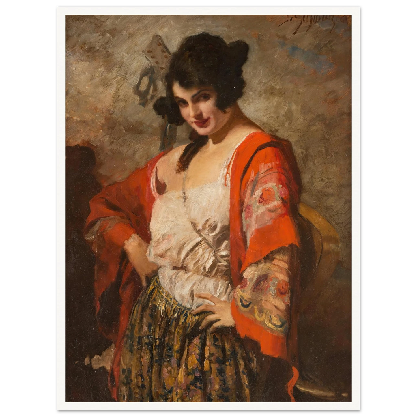 Spanish beauty with guitar Art Print | Leopold Schmutzler - Framed Poster - 30x40 cm / 12x16″ - Black frame