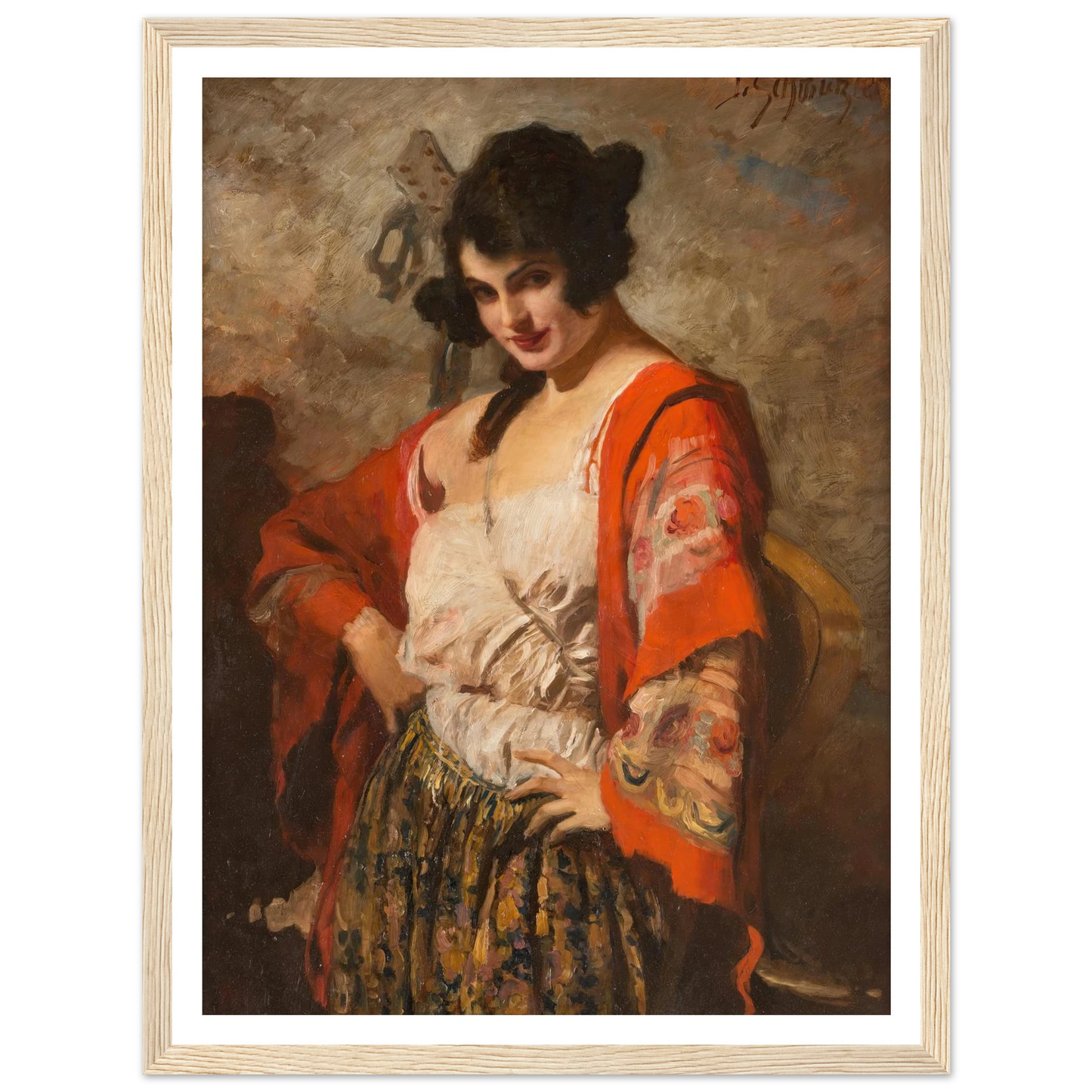 Spanish beauty with guitar Art Print | Leopold Schmutzler - Framed Poster - 30x40 cm / 12x16″ - Black frame