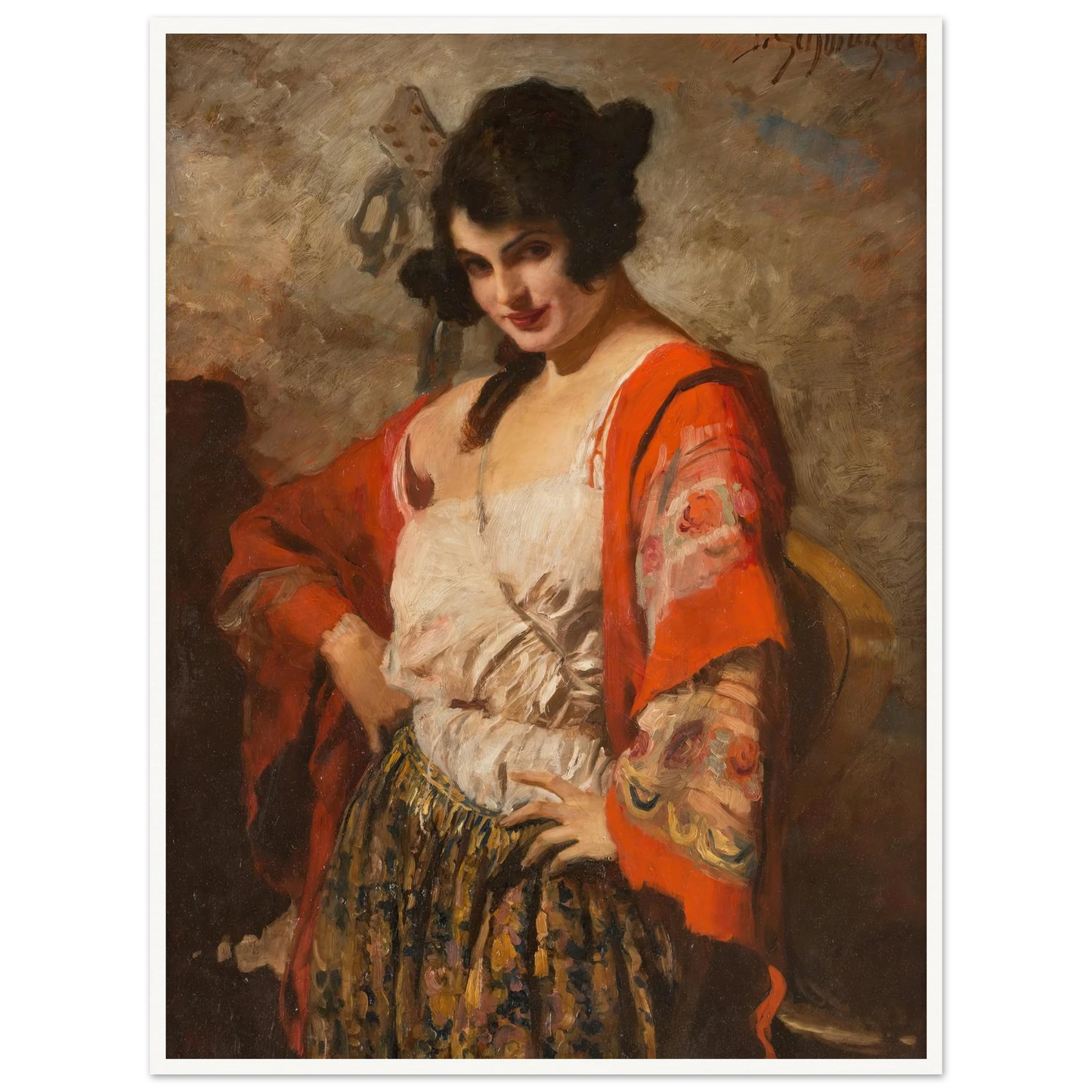 Spanish beauty with guitar Art Print | Leopold Schmutzler - Framed Poster - 30x40 cm / 12x16″ - Black frame