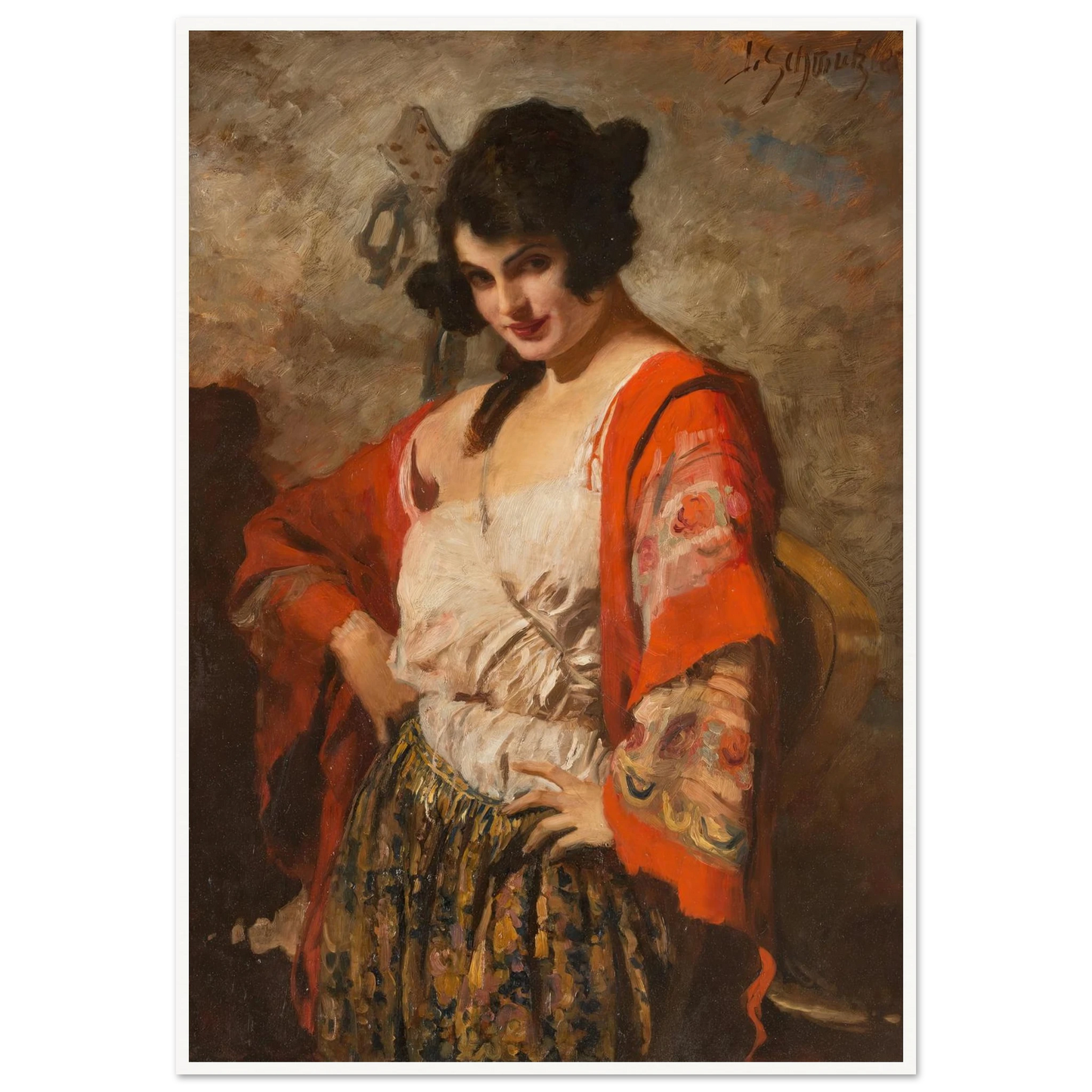 Spanish beauty with guitar Art Print | Leopold Schmutzler - Framed Poster - 30x40 cm / 12x16″ - Black frame