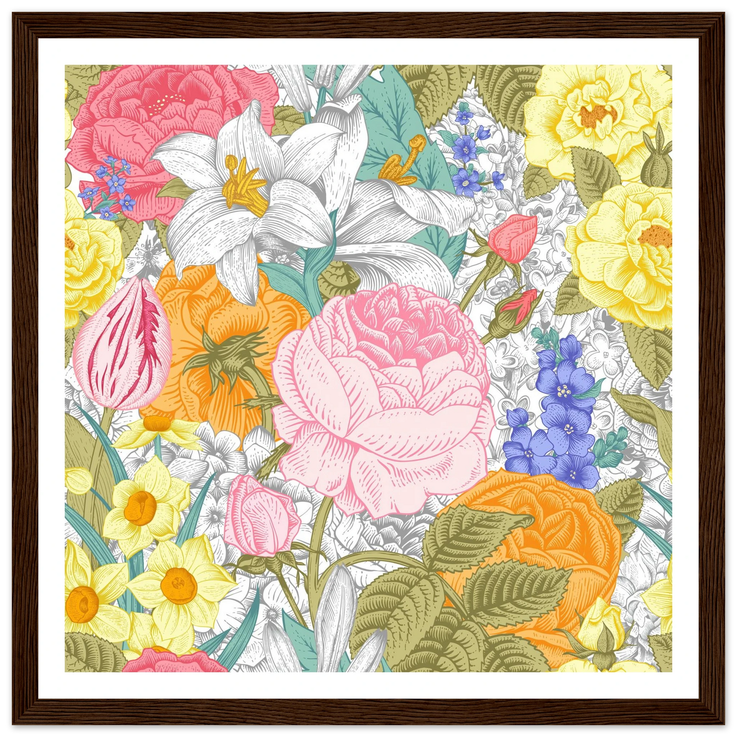 Spring Garden Overload Art Print | William Morris Inspired - Framed Poster - 30x30 cm / 12x12″ - Black frame