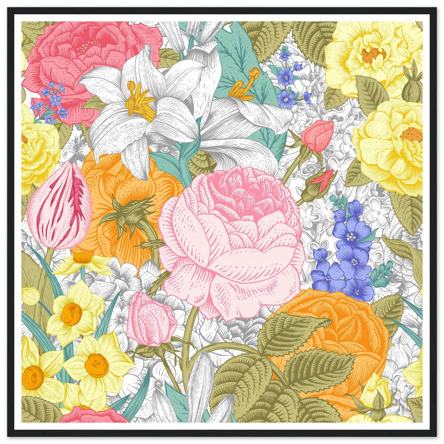 Spring Garden Overload Art Print | William Morris Inspired - Framed Poster - 30x30 cm / 12x12″ - Black frame