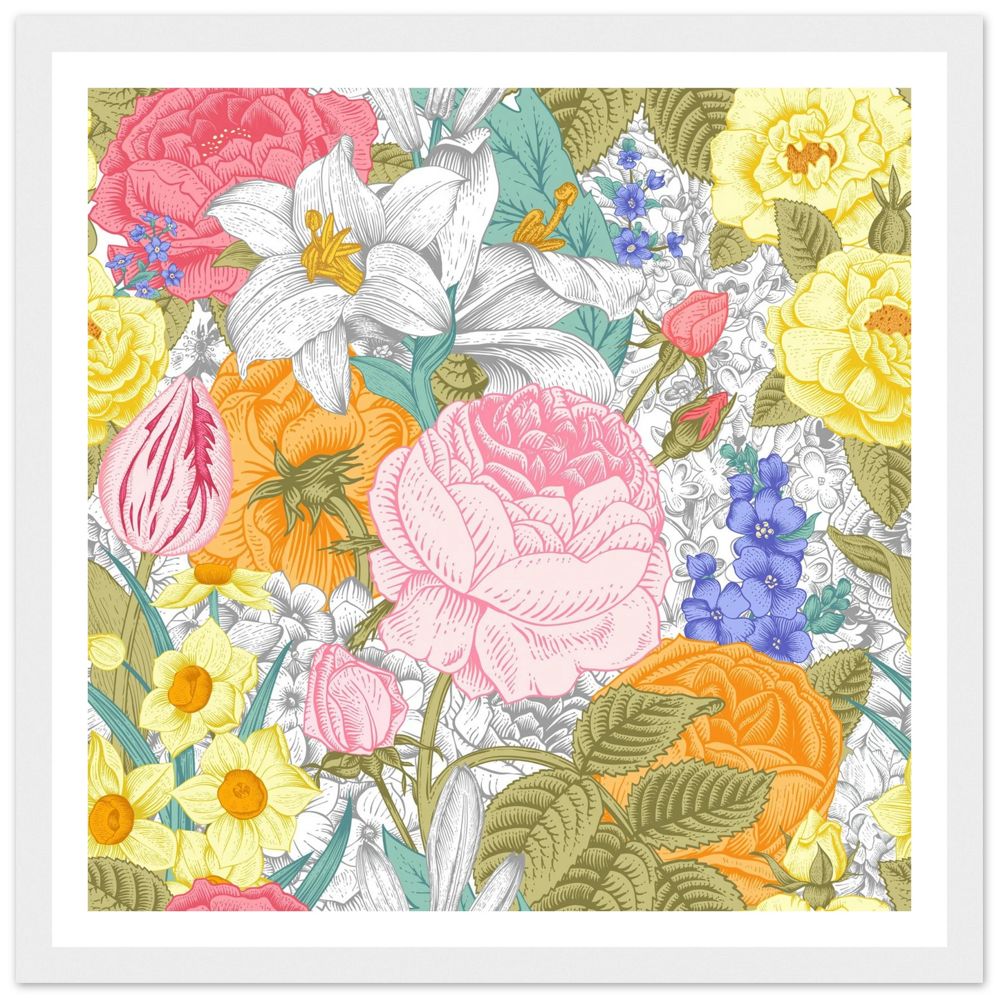 Spring Garden Overload Art Print | William Morris Inspired - Framed Poster - 30x30 cm / 12x12″ - Black frame