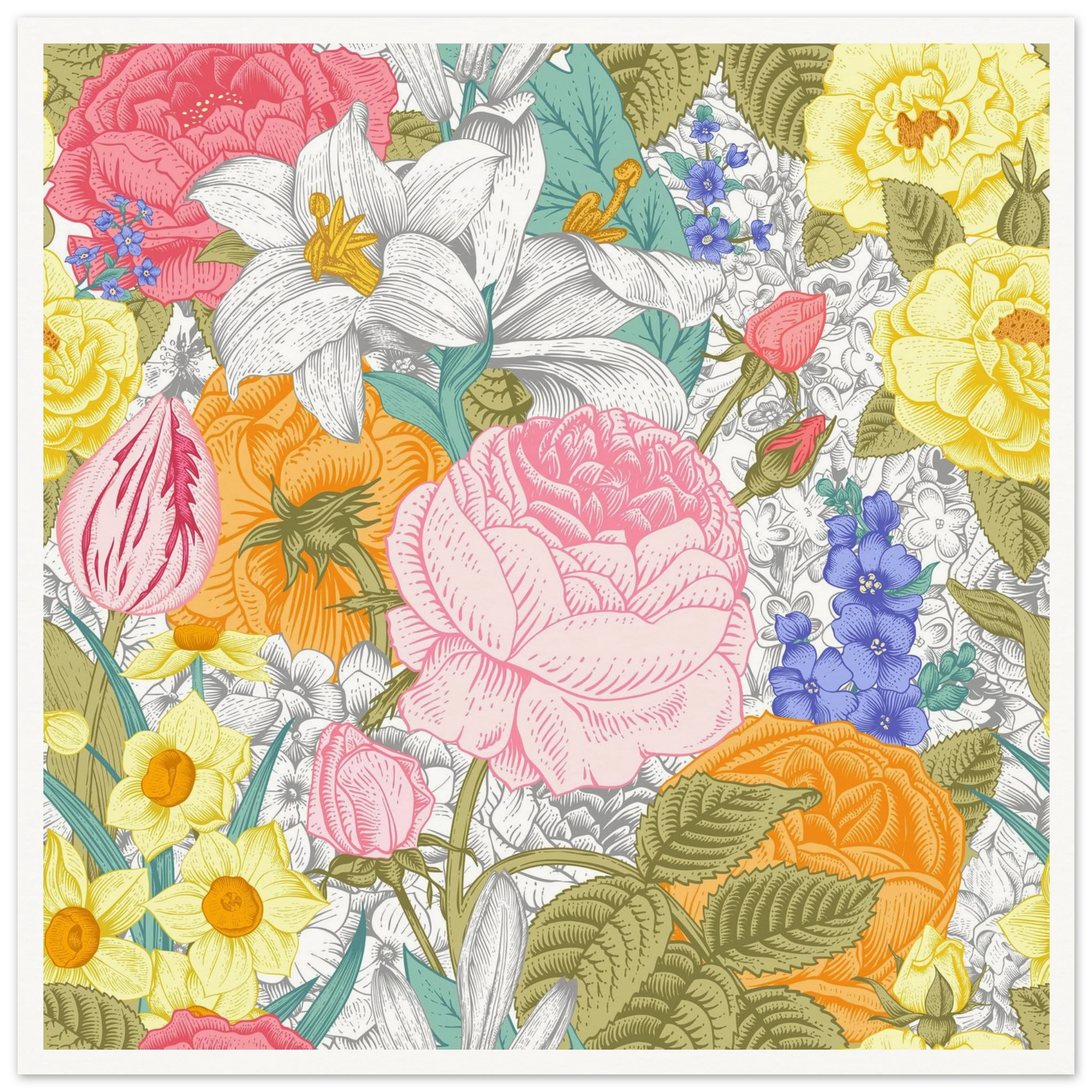 Spring Garden Overload Art Print | William Morris Inspired - Framed Poster - 30x30 cm / 12x12″ - Black frame