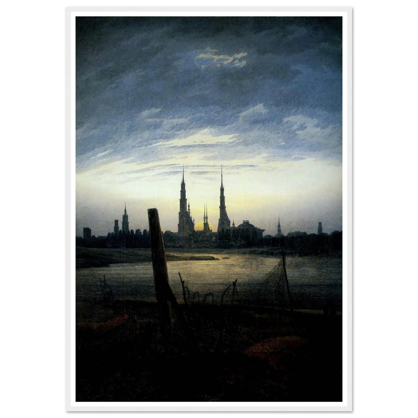 Stadt bei Mondaufgang (Stadt am Wasser bei untergehender Sonne) (1817) Art Print | Caspar David Friedrich - Framed Poster - 30x40 cm / 12x16″ - Black frame