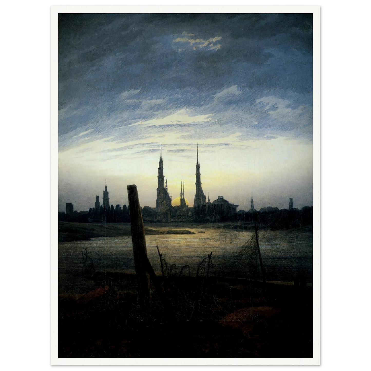 Stadt bei Mondaufgang (Stadt am Wasser bei untergehender Sonne) (1817) Art Print | Caspar David Friedrich - Framed Poster - 30x40 cm / 12x16″ - Black frame