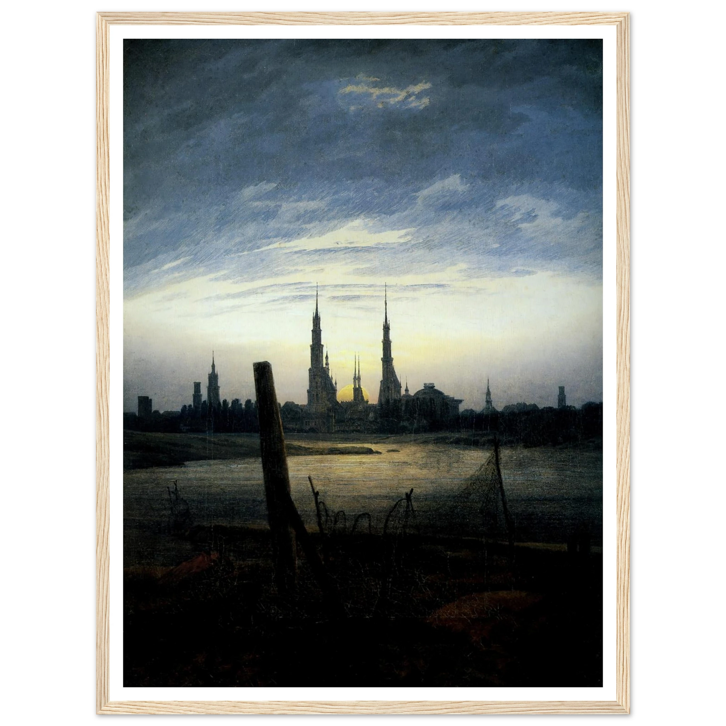 Stadt bei Mondaufgang (Stadt am Wasser bei untergehender Sonne) (1817) Art Print | Caspar David Friedrich - Framed Poster - 30x40 cm / 12x16″ - Black frame