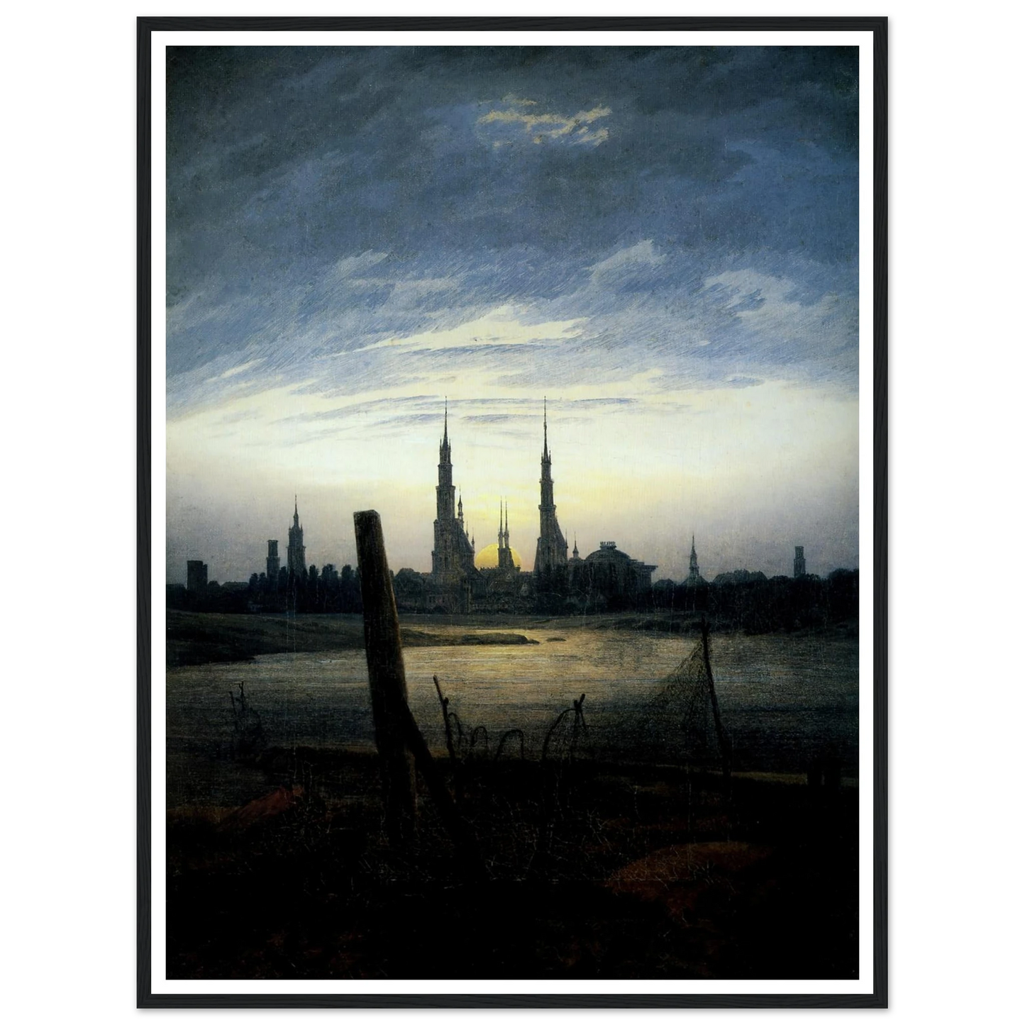 Stadt bei Mondaufgang (Stadt am Wasser bei untergehender Sonne) (1817) Art Print | Caspar David Friedrich - Framed Poster - 30x40 cm / 12x16″ - Black frame