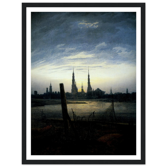 Stadt bei Mondaufgang (Stadt am Wasser bei untergehender Sonne) (1817) Art Print | Caspar David Friedrich - Framed Poster - 30x40 cm / 12x16″ - Black frame