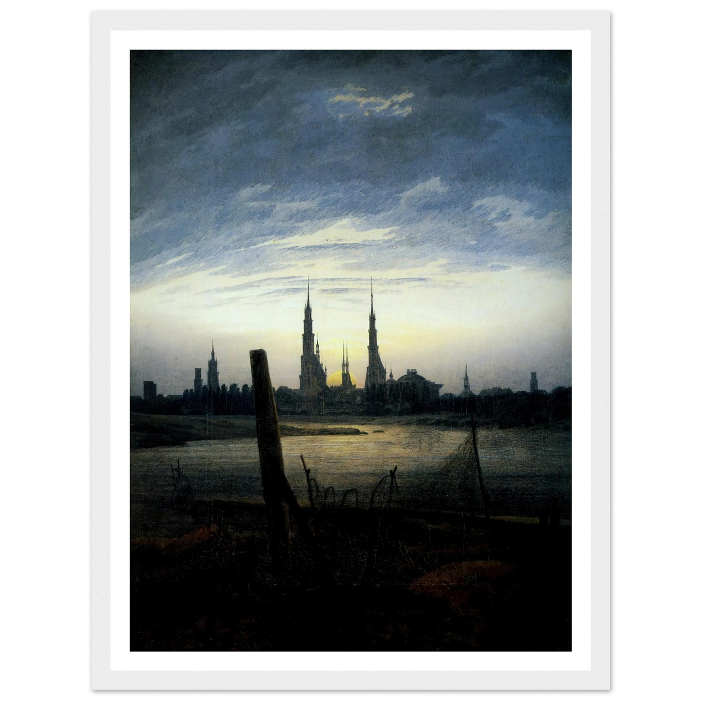 Stadt bei Mondaufgang (Stadt am Wasser bei untergehender Sonne) (1817) Art Print | Caspar David Friedrich - Framed Poster - 30x40 cm / 12x16″ - Black frame