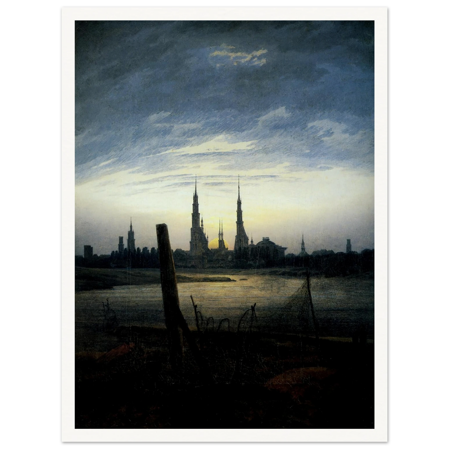 Stadt bei Mondaufgang (Stadt am Wasser bei untergehender Sonne) (1817) Art Print | Caspar David Friedrich - Framed Poster - 30x40 cm / 12x16″ - Black frame