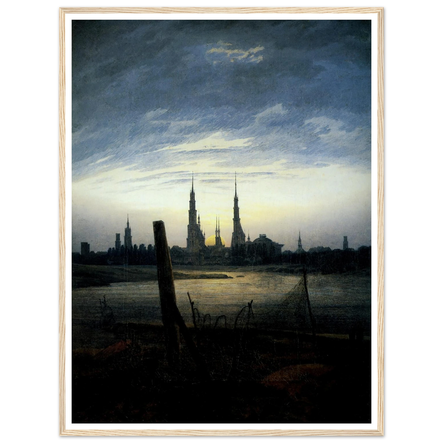 Stadt bei Mondaufgang (Stadt am Wasser bei untergehender Sonne) (1817) Art Print | Caspar David Friedrich - Framed Poster - 30x40 cm / 12x16″ - Black frame