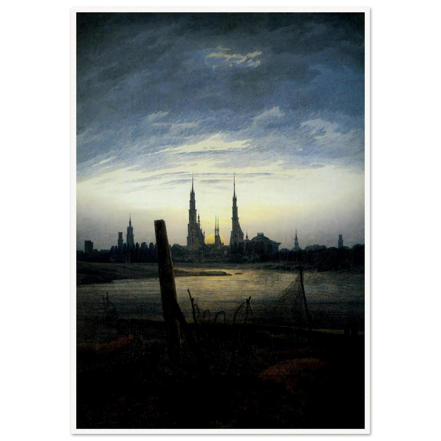 Stadt bei Mondaufgang (Stadt am Wasser bei untergehender Sonne) (1817) Art Print | Caspar David Friedrich - Framed Poster - 30x40 cm / 12x16″ - Black frame